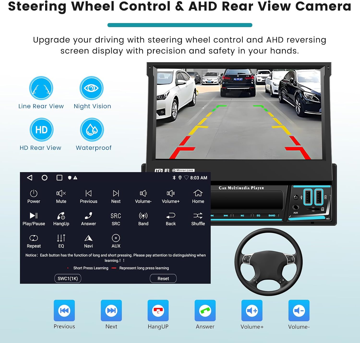 Screenshot of the car stereo displaying steering wheel control learning interface and a rear view camera feed.