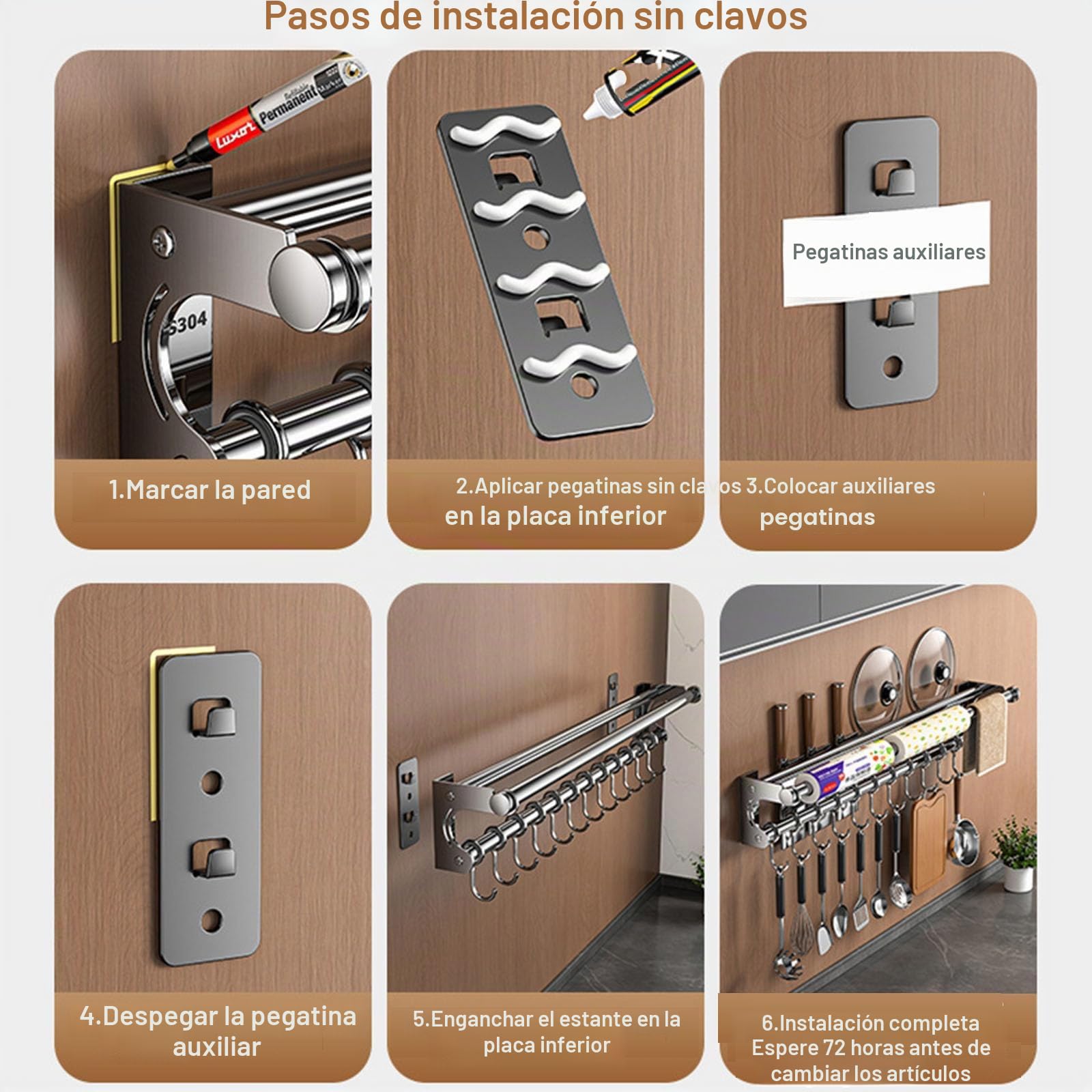 Varilla de pared del organizador de cocina,Estante de maceta colgante,Asistente de Chef de soporte de cocina, Estante de utensilios de cocina de ahorro de espacio con ganchos (Grey 50CM)