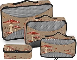 4 Pcs set organizer for closet Mesh Travel Essentials portable packing cubes travel - Red Mushrooms Puffball Brown