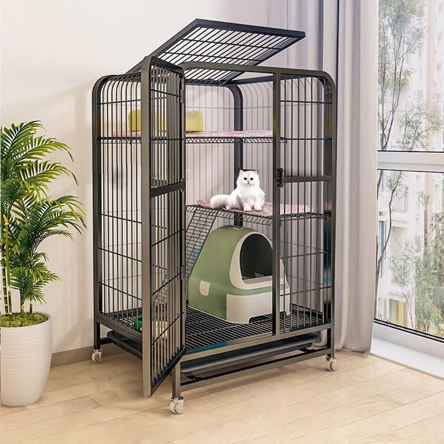 asdchZen Cat House Cat Cage Outdoor Cat Cat Crate Cage Playpen Cat Enclosure On Wheels Metal Kitten Cage - For Small Animal,Kitties For Cat And Small Animals,78X55X108Cm