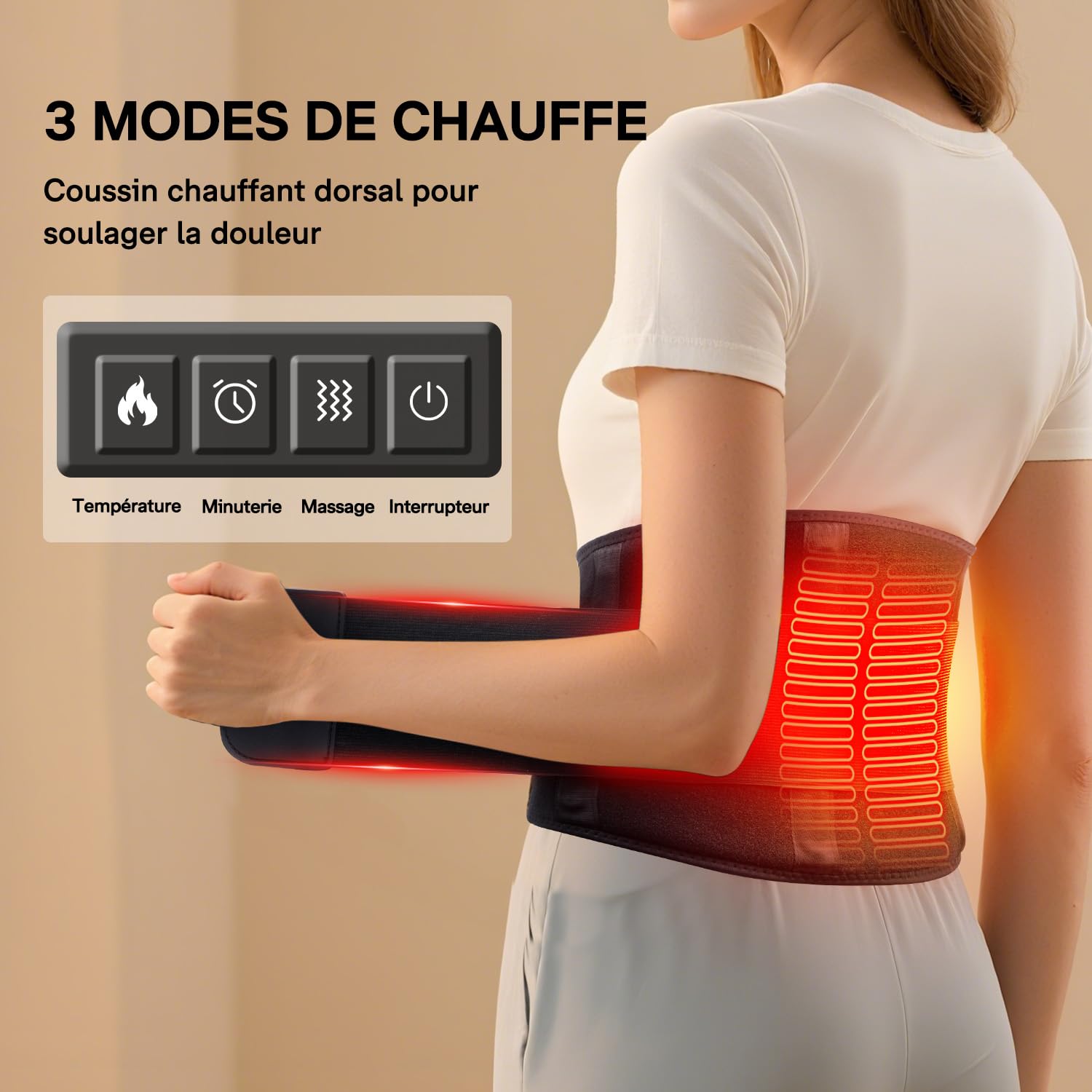 ALLJOY 170CM Ceinture Chauffante Lombaire, Cadeau Noel pour Homme Femme Parents, Coussin Chauffant Dos avec 5 Massage Vibratoire et 3 Niveaux de Température, Minuterie 3 Temps (avec Fil)