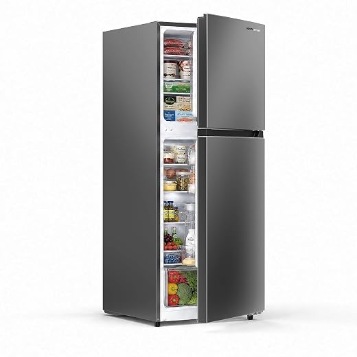 Upstreman 10.1 Cu.Ft Refrigerator with Top Freezer, Reversible 2 Door Medium Fridge, Shelves, Drawer, Wheels, Low Noise, Temp Control, Auto Defrost, Compact Size for Apartment, College Dorm, Kitchen