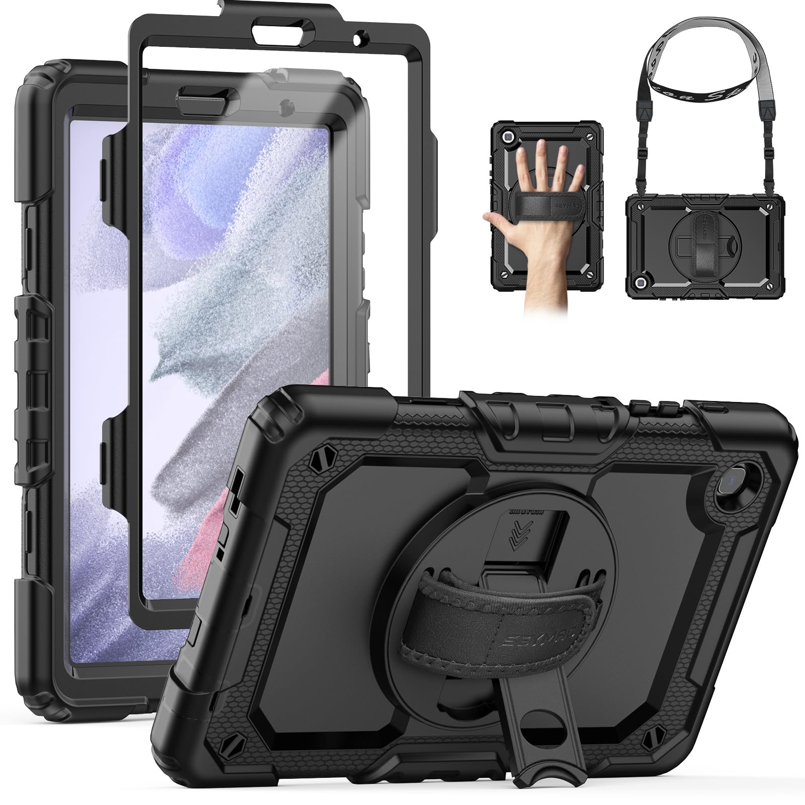 SEYMAC Galaxy Tab A7 Lite 8.7 inch 2021 Case, Samsung Tab A7 Lite T220/T225 Protective Case with [360 Rotating Hand Strap & Stand] Shoulder Strap Screen Protector Pen Holder for Tablet A7 Lite Black