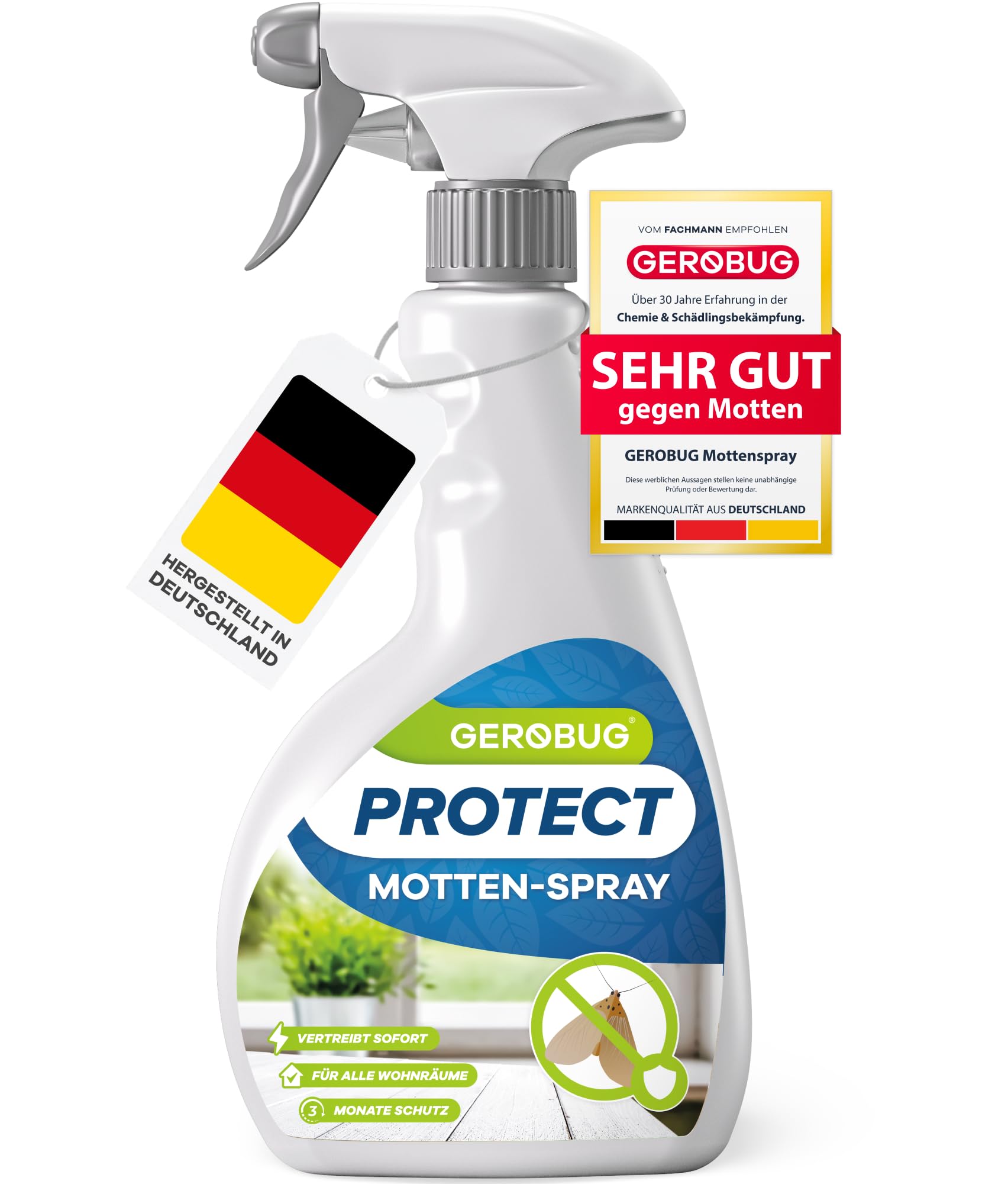 Gerobug Motten-Spray 500 ml - Motten schnell & effektiv loswerden mit Langzeitwirkung - Mottenmittel für Lebensmittelmotten & Kleidermotten - Motten bekämpfen Alternative