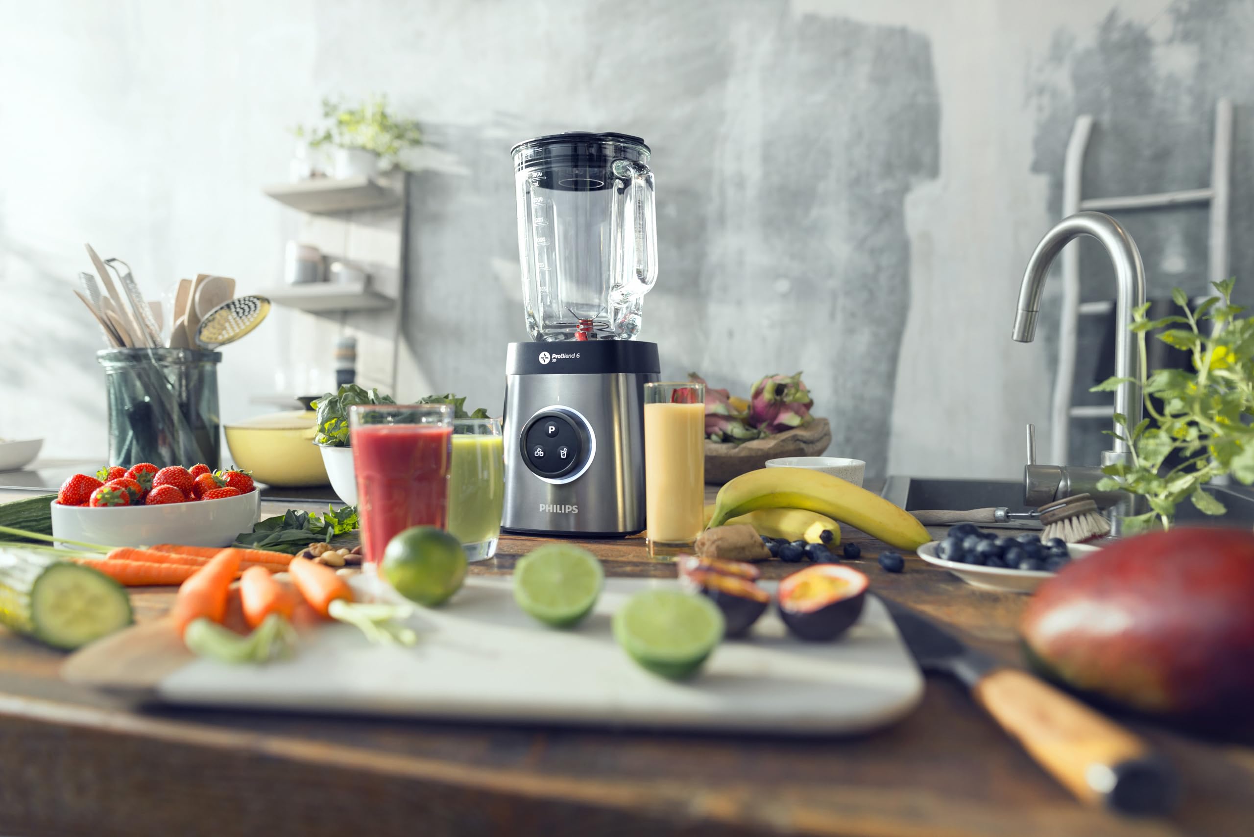 Philips Standmixer und Smoothie Maker – 1400W, 2-Liter-Glasbehälter, Rezepte-App, variable Geschwindigkeit, ProBlend 6 3D, 2 Trinkbecher (HR3655/00)