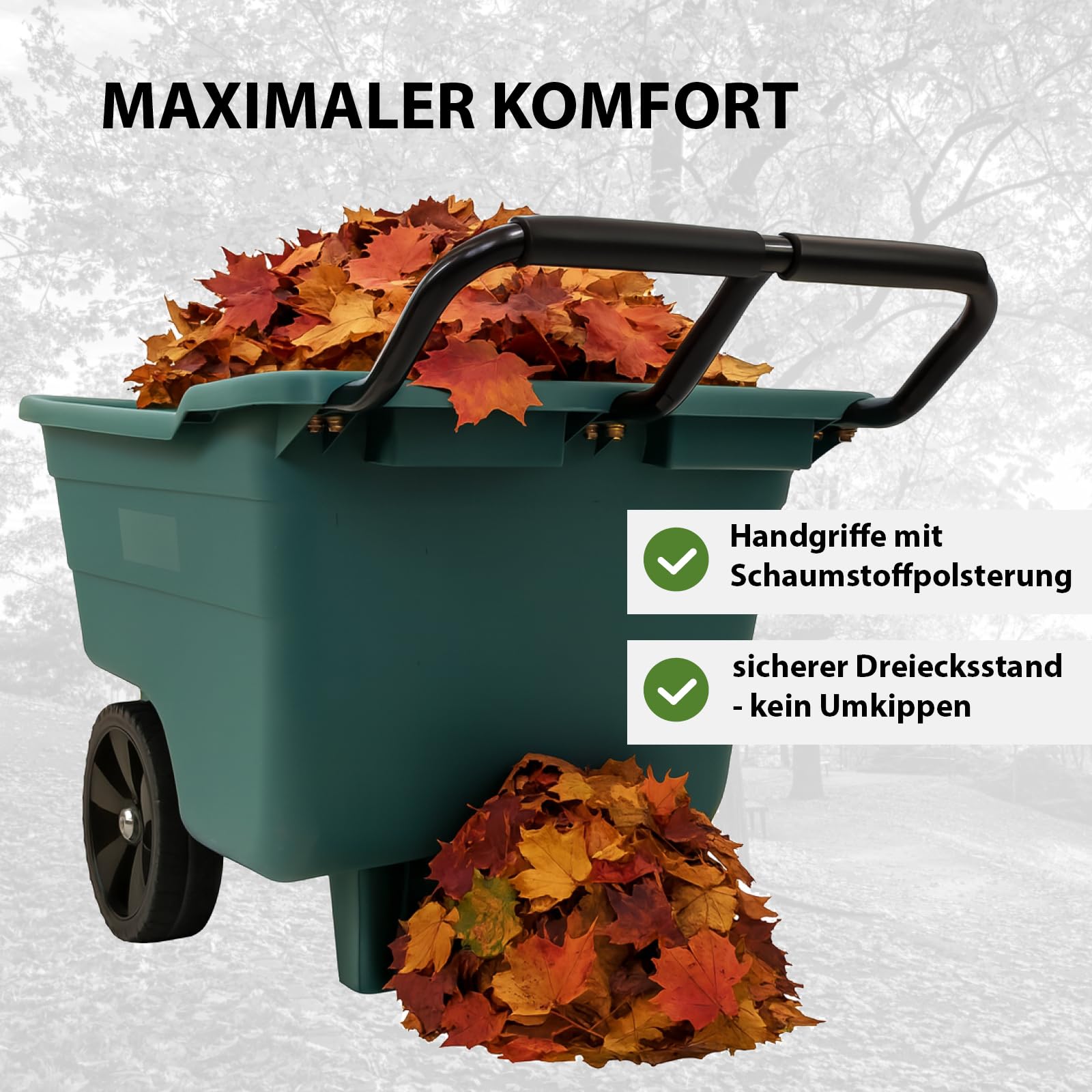 TRUTZHOLM Gartenwagen Transportwagen Schubkarre 250 kg Tragkraft – robuste Kunststoffwanne 98x55x64 cm, Stahlgriff grau gepolstert, 8 kg Gewicht, kippsicher, ideal für Erde, Laub, Holz, Einhandkarre