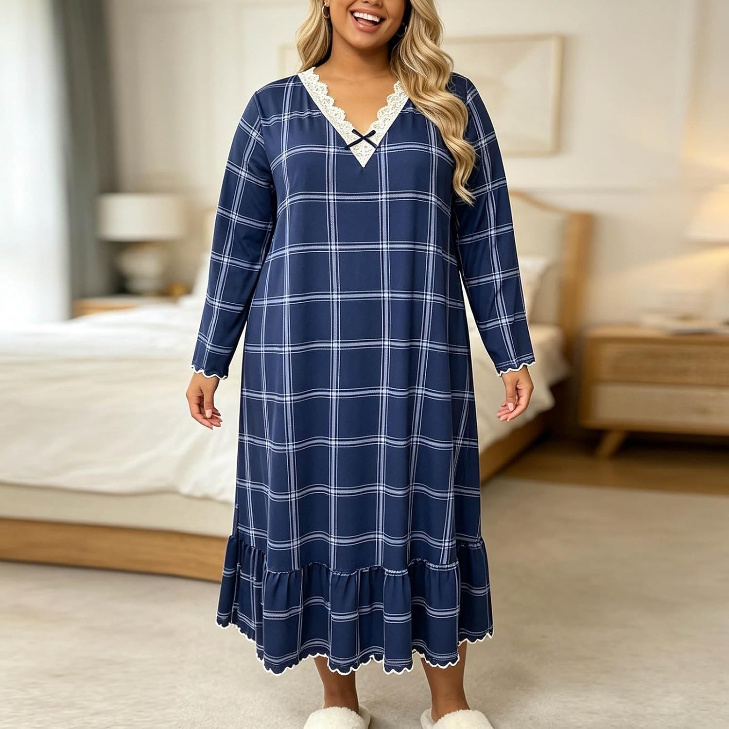 Women's Plus Size Nightgown Plaid Sleepwear Ruffle Hem Loungewear