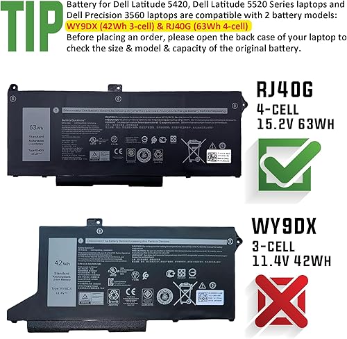 Miniatura 4 de Reemplazo de batería de 4 celdas RJ40G de 63 Wh para Dell Latitude 14 5420 Latitude 15 5520 Precision 15 3560 Series M033W 01K2CF 075X16 WY9DX P137G
