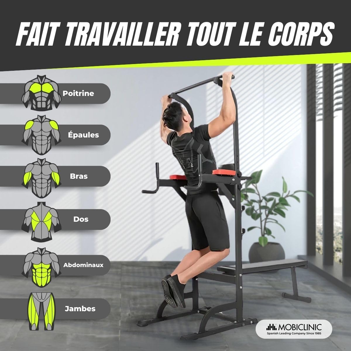 Mobiclinic®, Station de Musculation avec Banc, 9 en 1, Pliable, Domifit, Réglable 8 Hauteurs, Barre Traction, Banc Incliné, Support pour Haltères, Multifonction, Antidérapant, Rembourré