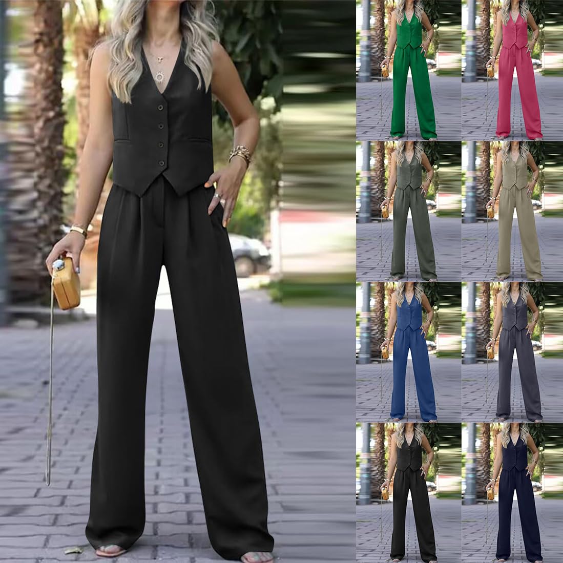 shownicer Completo da Donna Eleganti Estivi Due Pezzi Tailleur Pantalone Tuta Casual Senza Maniche Gilet e Blazer A Vita Alta Pantaloni Outfit Streetwear
