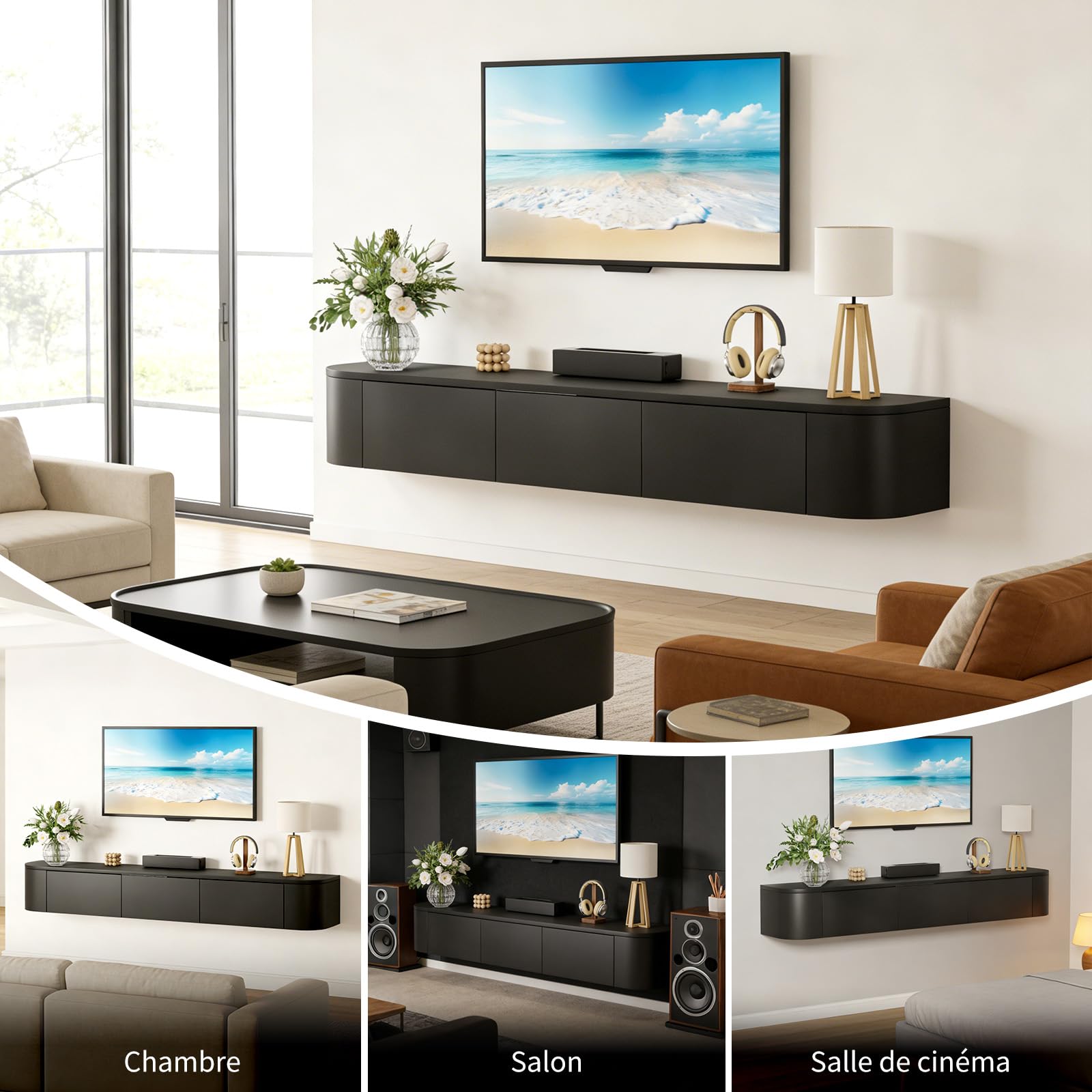 Meuble TV Suspendu 140 Cm Meuble TV Mural avec Rangement de Grande Capacité Table TV Multimédia TV Console Meuble avec Portes et Tiroirs pour Chambre Salon, Noir