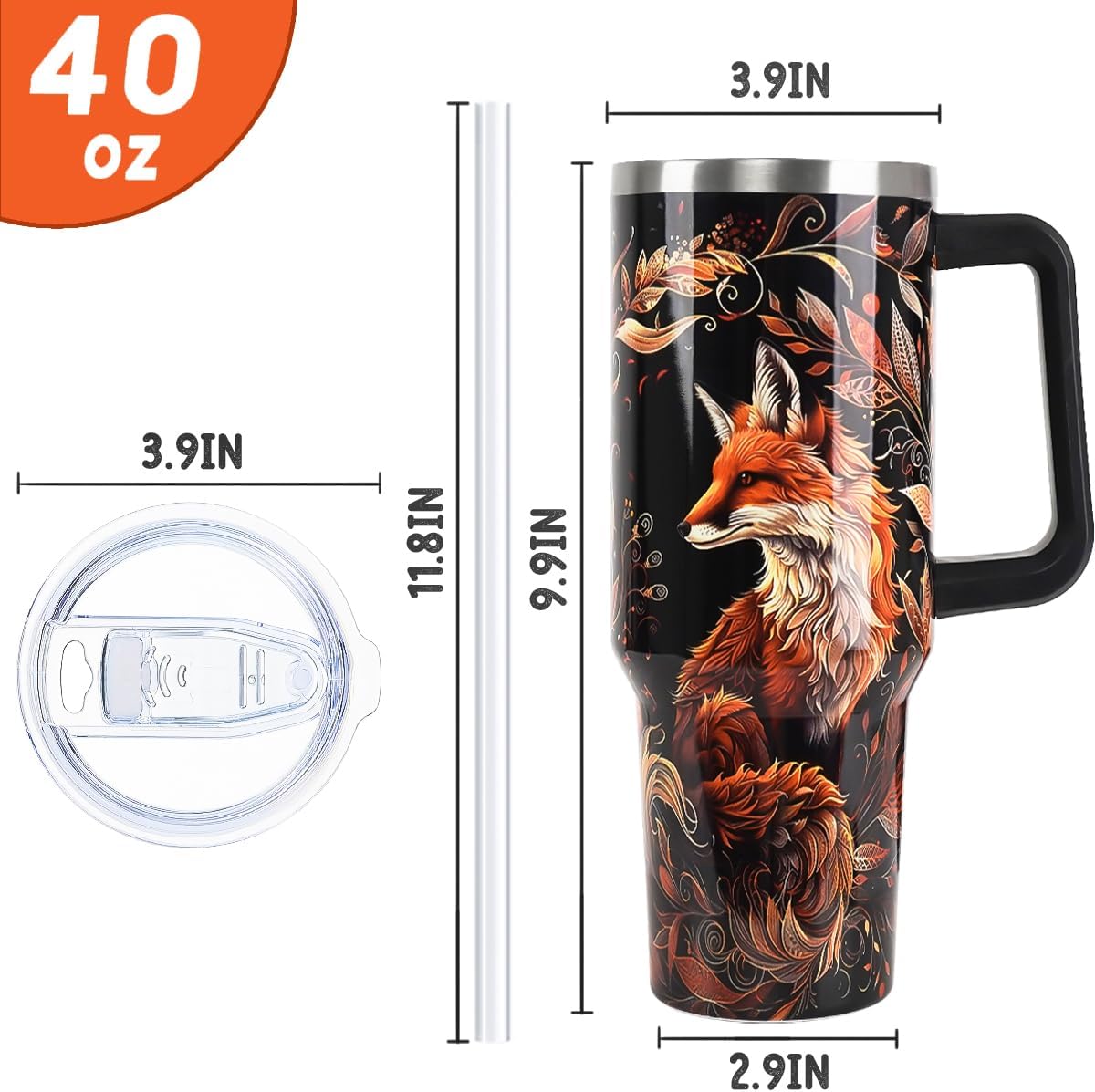 Fox Tumbler with Handle and Straw 40 oz Fall Foxes Mandala Cup Coffee Travel Mug Stainless Steel Insulated Water Bottle Fox Stuff Lovers Fall Autumn Decor Gifts for Women - Image 4