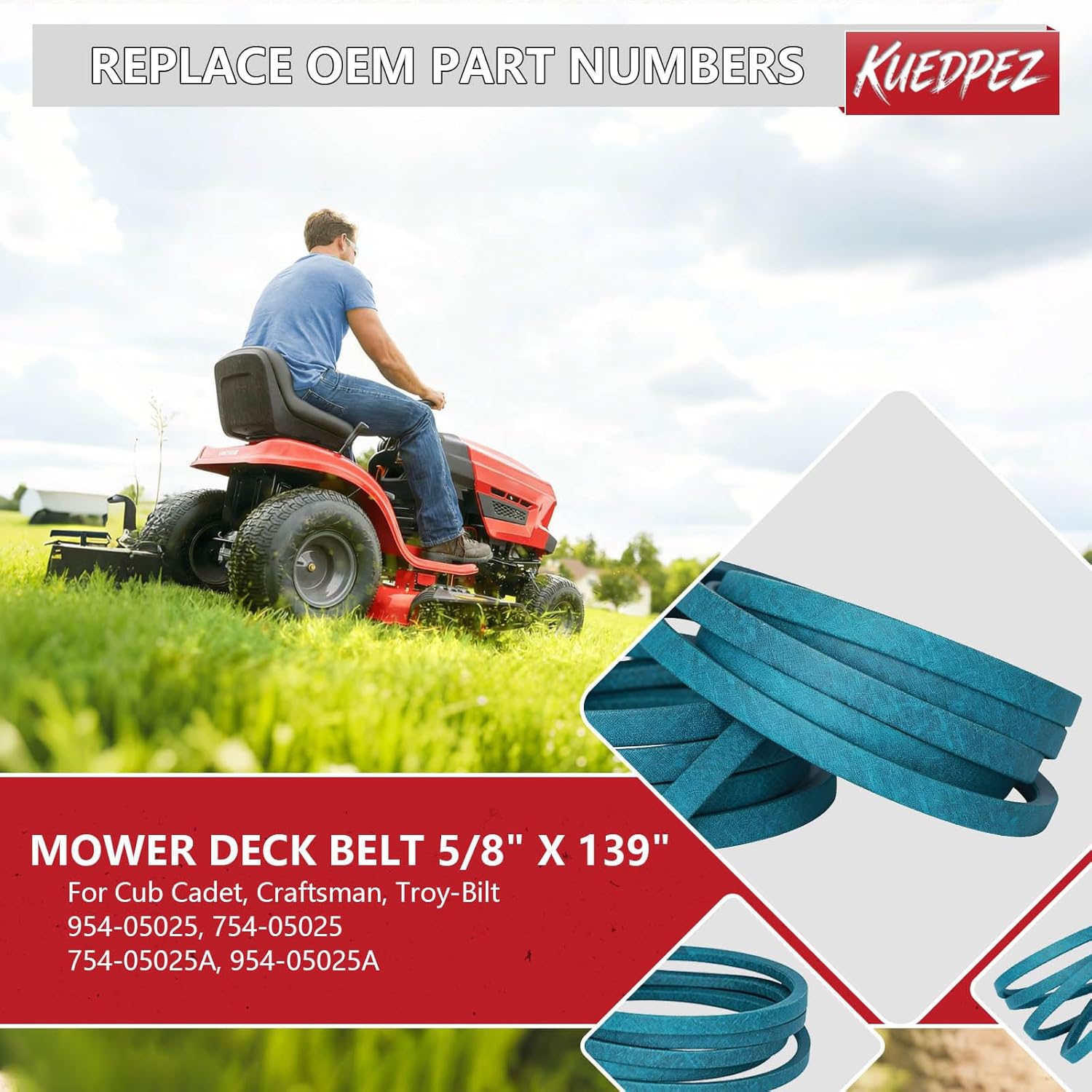 954-05025 54" Lawn Mower Deck Belt – 5/8" x 139" Compatible with Cub Cadet, Craftsman, Troy Bilt, Fits Models: 754-05025, 754-05025A, 954-05025A, Upgrade Tensile Aramid Rope