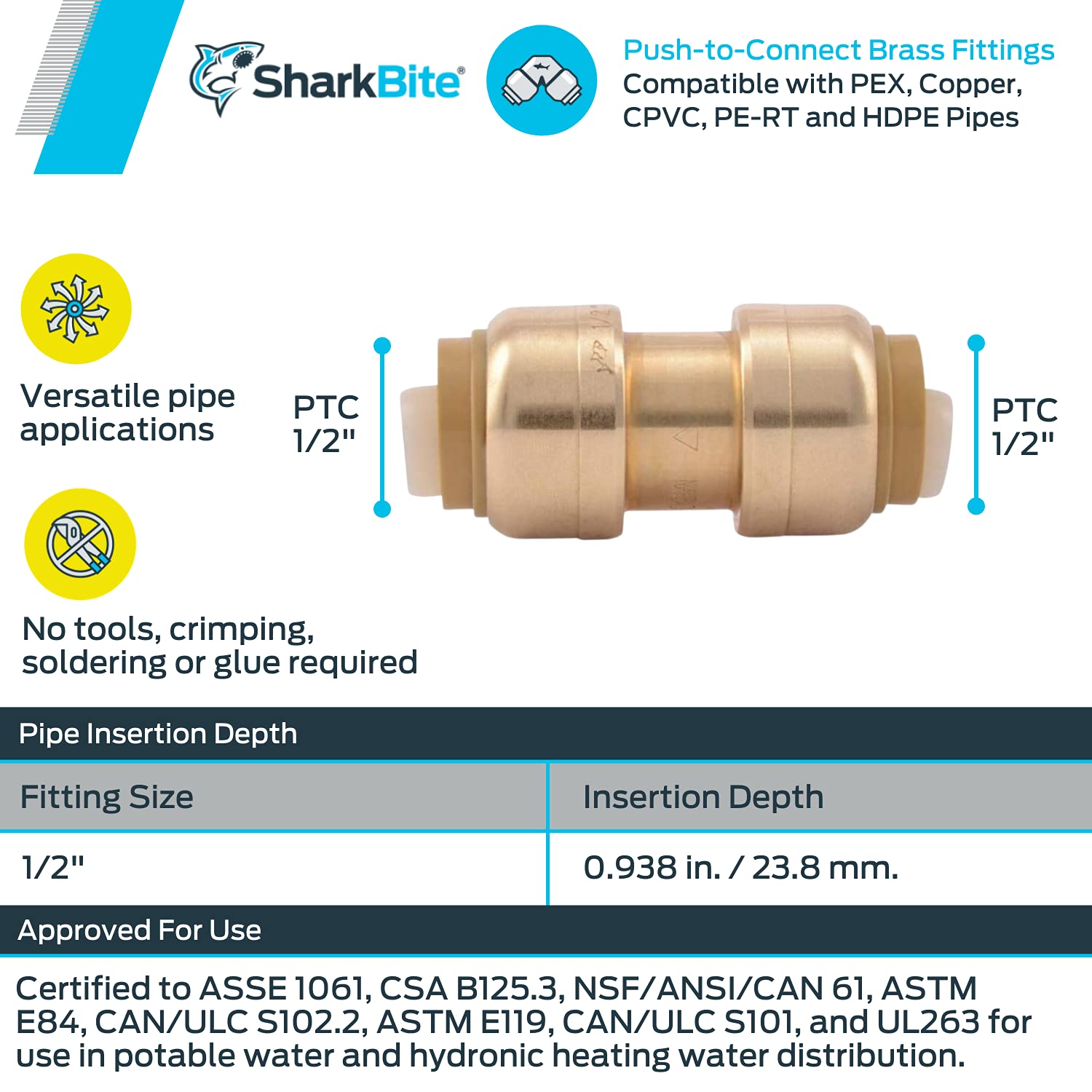 SharkBite 1/2 Inch Coupling, Push to Connect Brass Plumbing Fitting