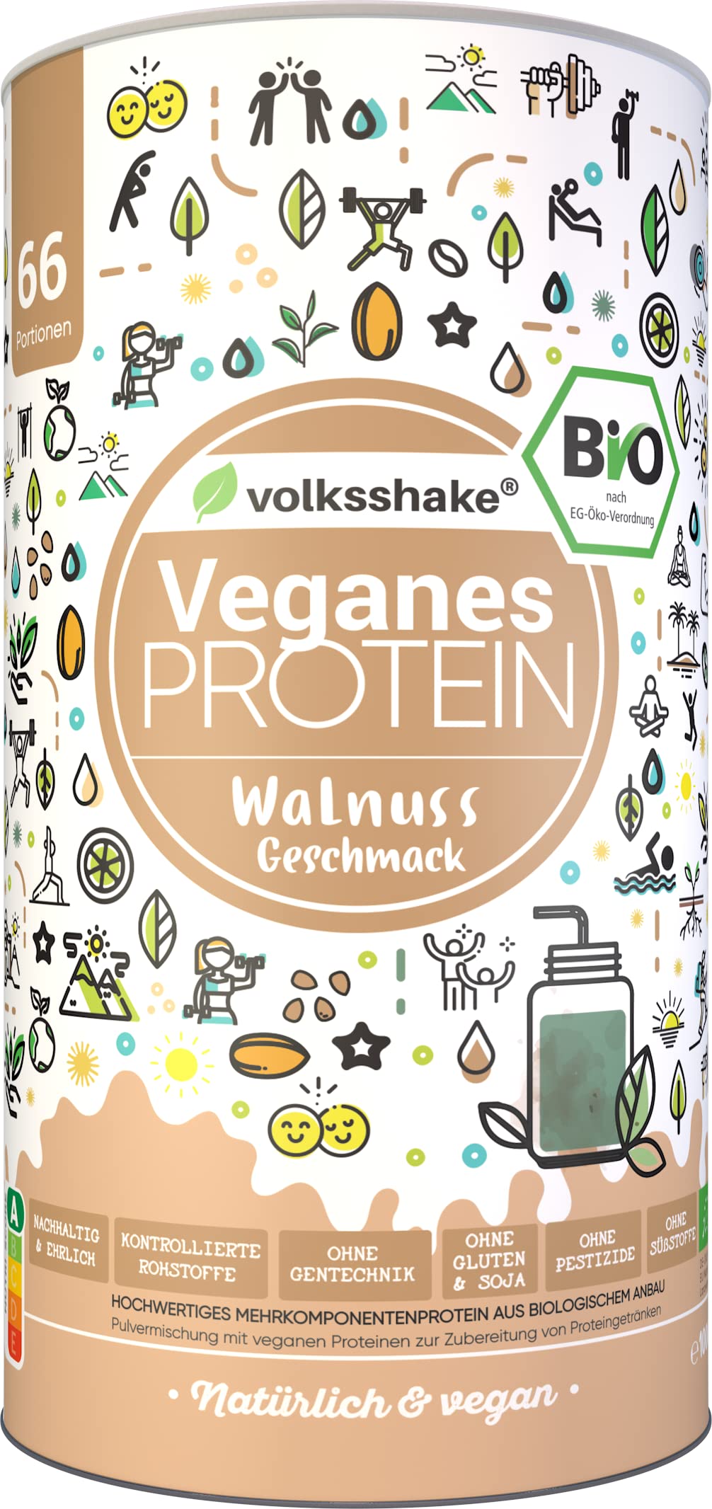 BIO Protein vegan | Walnuss | DE-ÖKO-006 | 10 pflanzliche Proteinquellen | Ohne Süßungsmittel | Ohne Soja & Gluten | Premiumqualität vom Bodensee | Made in Germany (1000g, Walnuss)