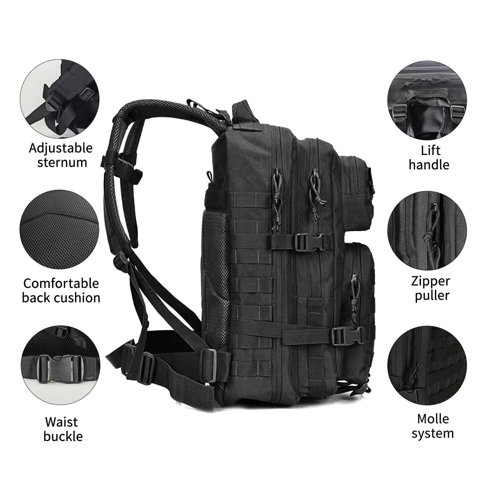 Oreunik Militär Rucksack Herren,45L Wasserdicht Taktischer Bundeswehr Rucksack Molle Rucksäcke Survival Backpack für Wandern im Freien Trekking Camping Wandern Angel Reise Arbeit (Schwarz)
