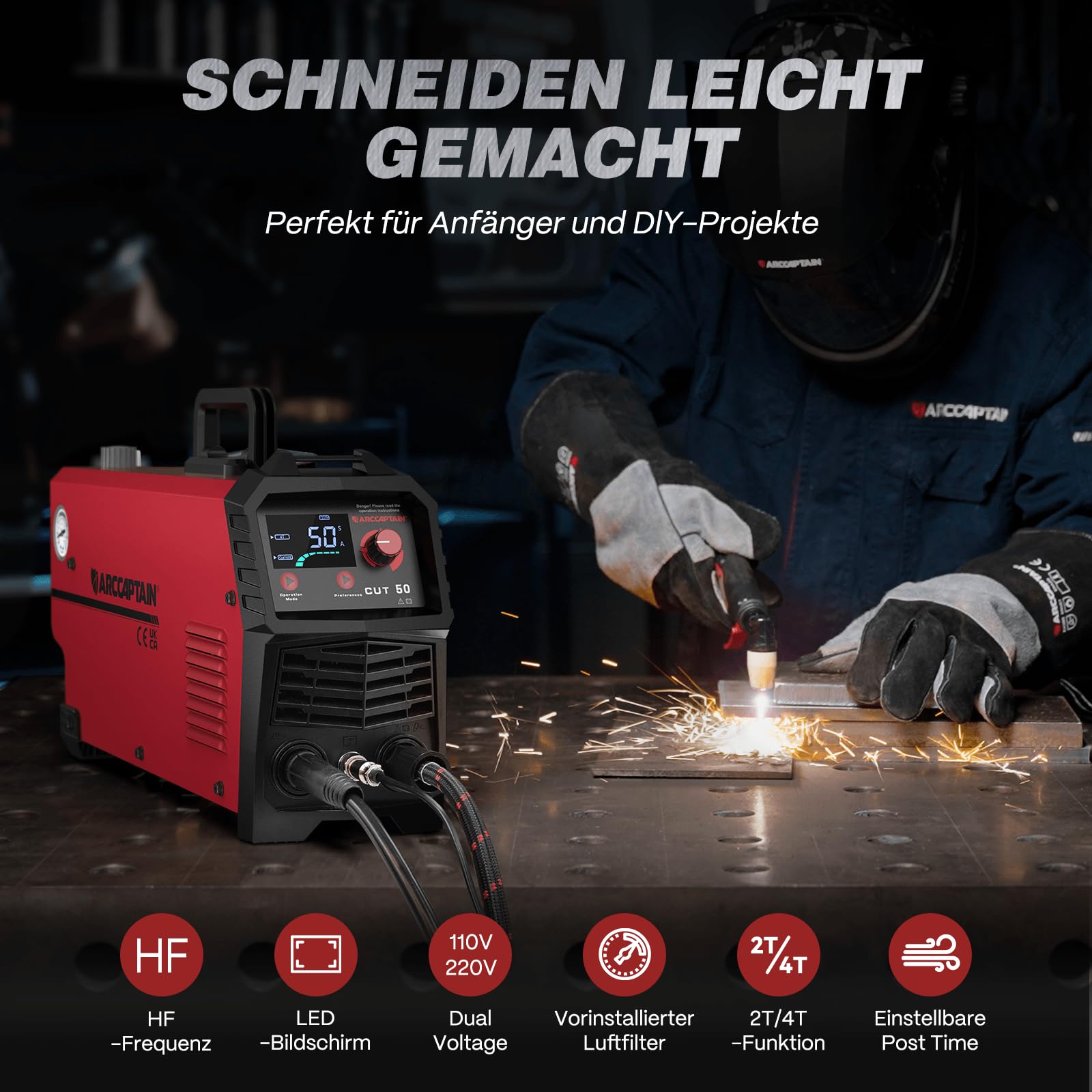 ARCCAPTAIN Plasmaschneider: [Große LED-Anzeige] 50 Ampere Plasmaschneider mit IGBT Max. Schneiden 20 mm mit Postflow und 2T/4T