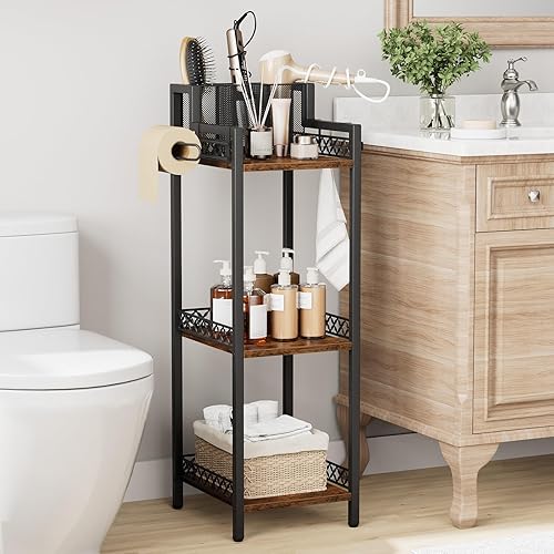Miniatura 2 de Organizador de estante de baño de 3 niveles con soporte para secador de pelo y gancho para papel higiénico, soporte de metal delgado de 9.85