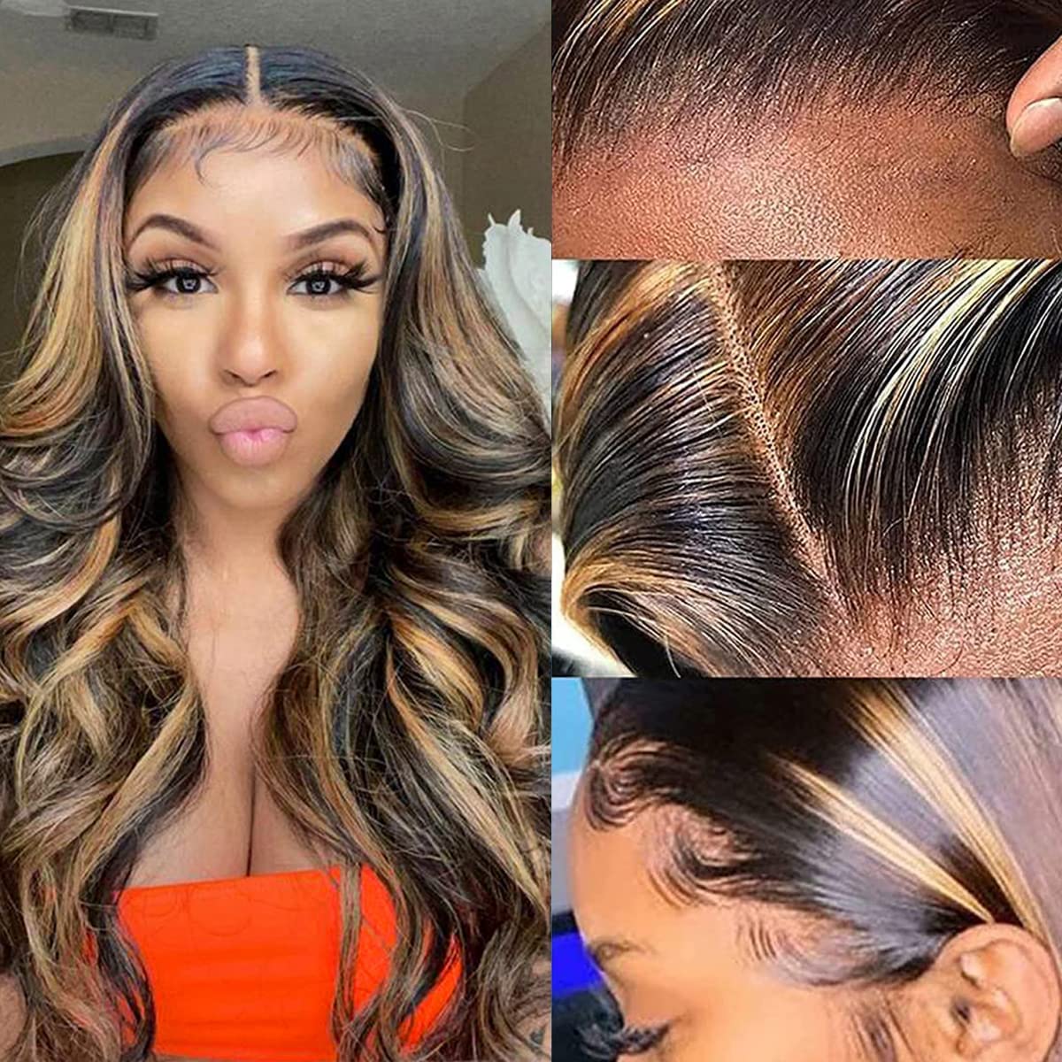 haha Brown Highlight Ombre Lace Front Wig Body Wave Human Hair Blend Wig Honey Blonde Highlight Lace Closure Wigs 4X4 Glueless Pre Plucked Balayage P1B/30 180% Density 26 Inch