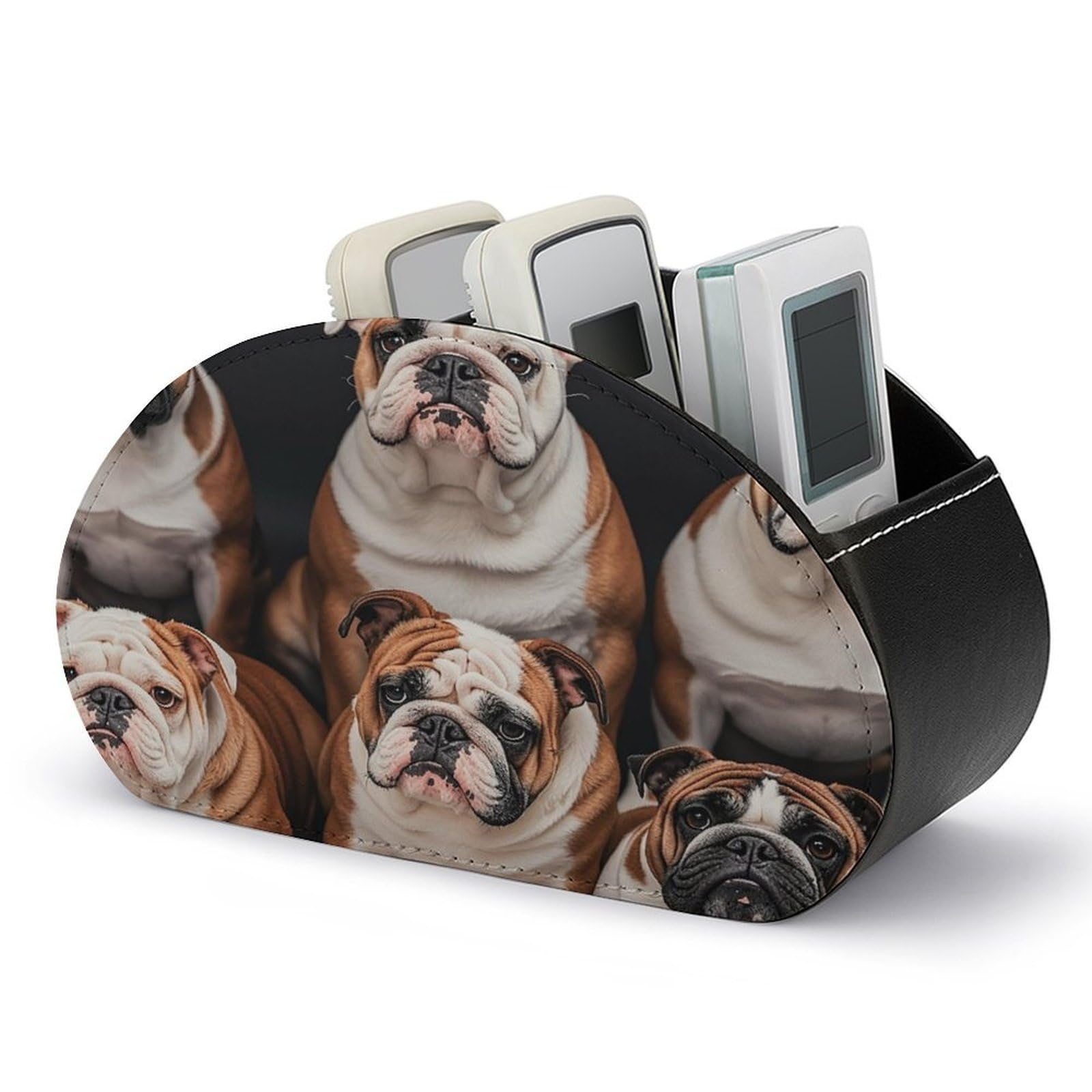 FekiLoot English Bulldogs TV Remote Control Holder with 5 Compartments Multi-functional Leather Bedside Table Remote Caddy Desktop Storage Box for Store Pen Controller Media Player Cosmetic