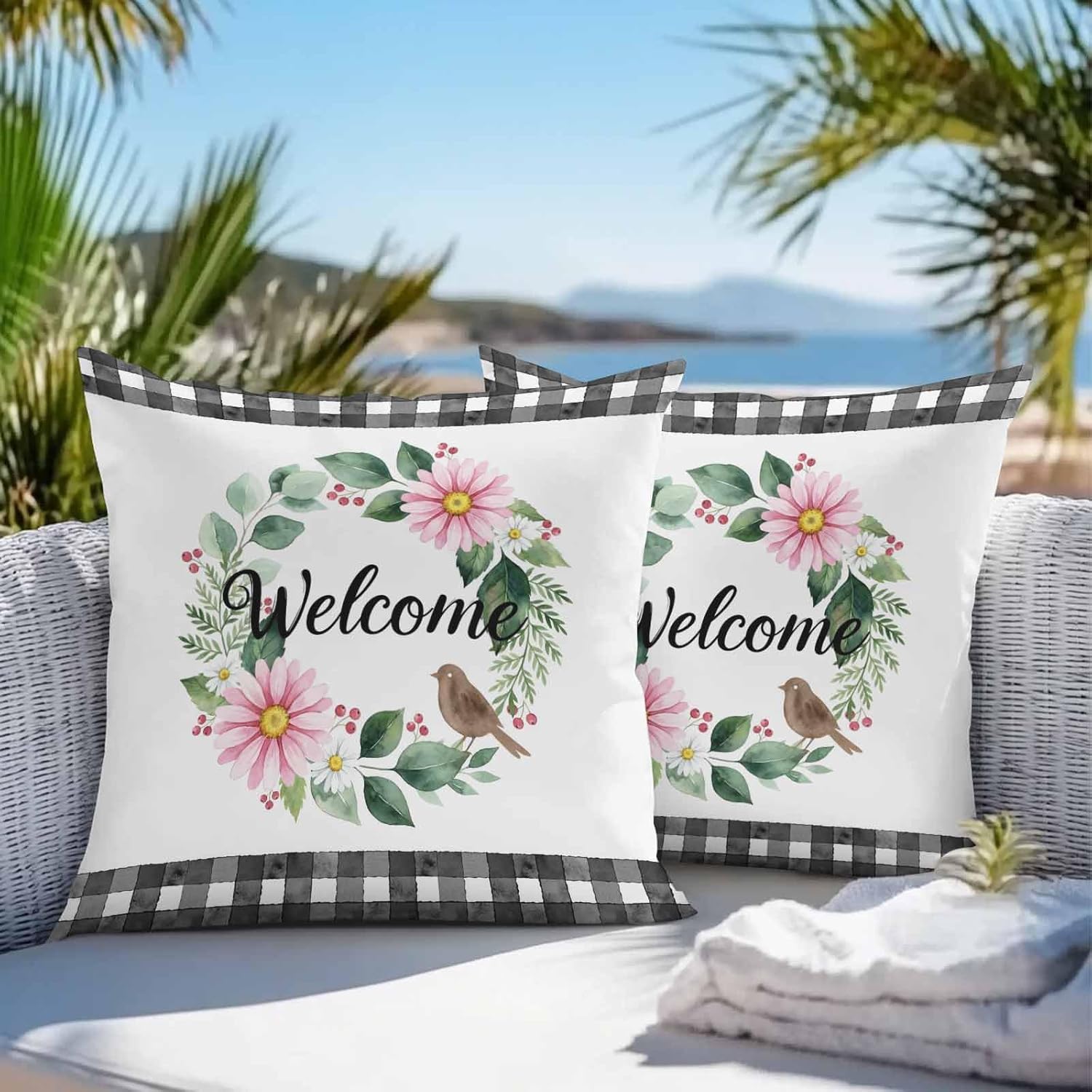 Pack of 2 Waterproof Outdoor Pillow Covers 26x26 Inch Decorative Pillow Covers Spring Pink Flowers Throw Pillowcases Country Plants Leaves Bird Farmhouse Check Outdoor Cushion Cover for Couch, Patio