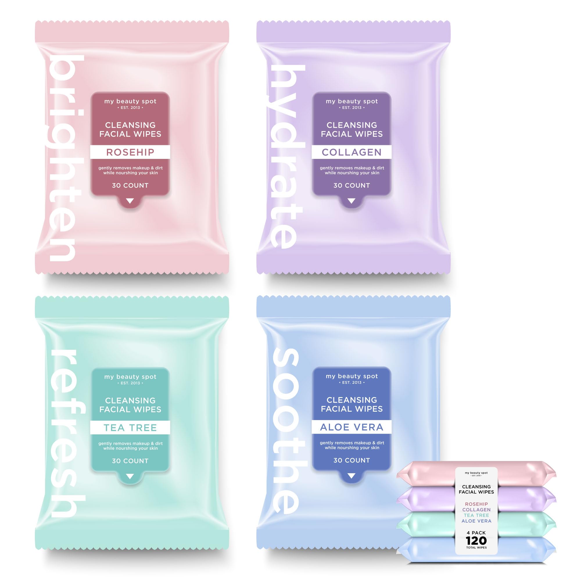My Beauty Spot4 Pack Face Wipes for Women Cleansing Makeup Remover Wipes with Tea Tree, Collagen, Aloe Vera, Rosehip - 120 Pcs Face Cleansing Wipes