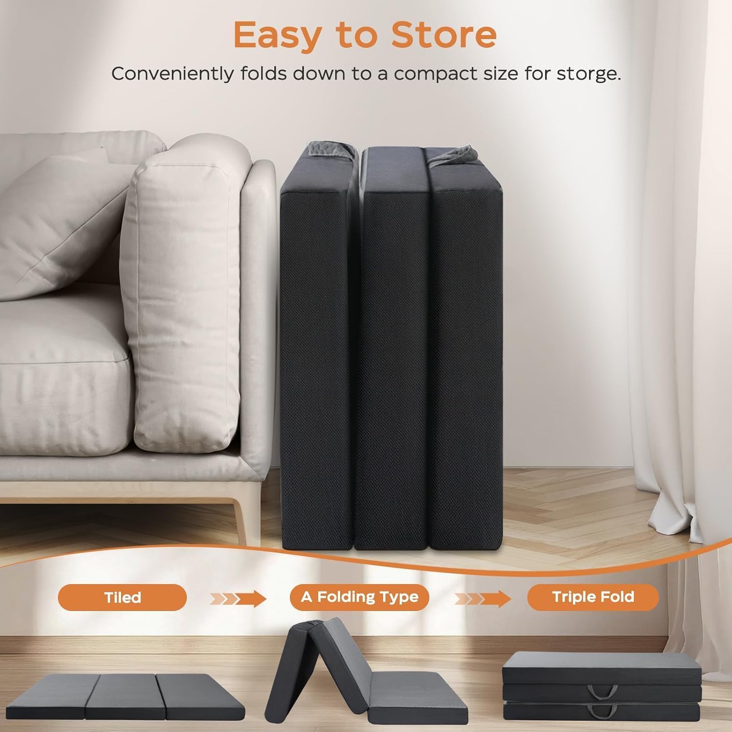 Tri Fold Mattress Twin Size with 2 Washable Removable Covers, 75×38×6 Folding Memory Foam Floor Mat Portable Guest Bed with Non-Slip Bottom for Camping, Travel & Guest Room