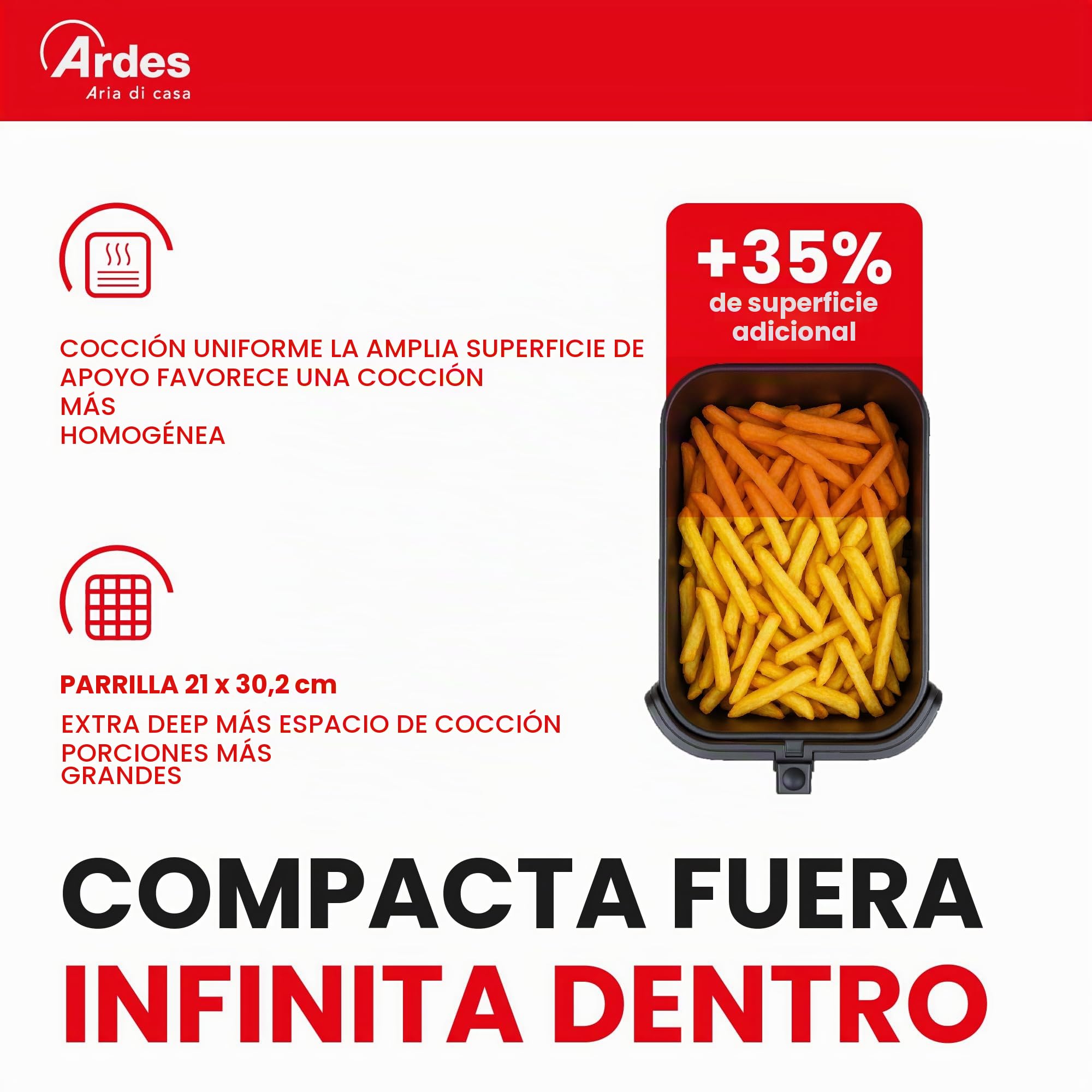 Ardes Friggisana Infinity ARFRYA08LV - Freidora de aire con ventana de 8 litros - Airfryer +35% de espacio y tecnología Rapid Air - con temperatura y temporizador ajustables, luz, pantalla
