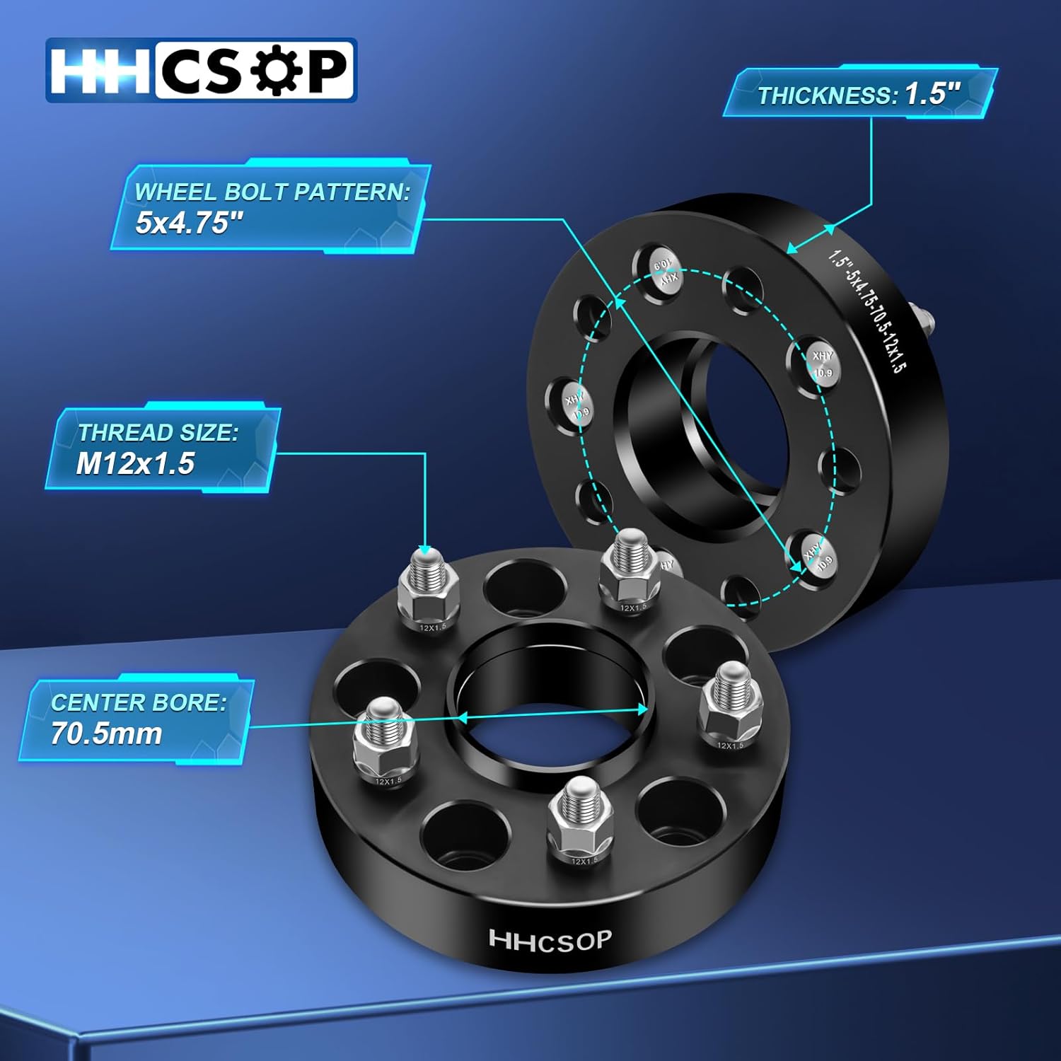 5x4.75 Wheel Spacers 1.5" (38mm) Bore 70.5mm with M12X1.5 Studs for Chevy S10 Camaro Corvette Impala | GMC S15 Sonoma Jimmy | Pontiac Firebird GTO Phoenix | Cadillac XLR, 2PCS 5x120.65mm Wheel Adapter