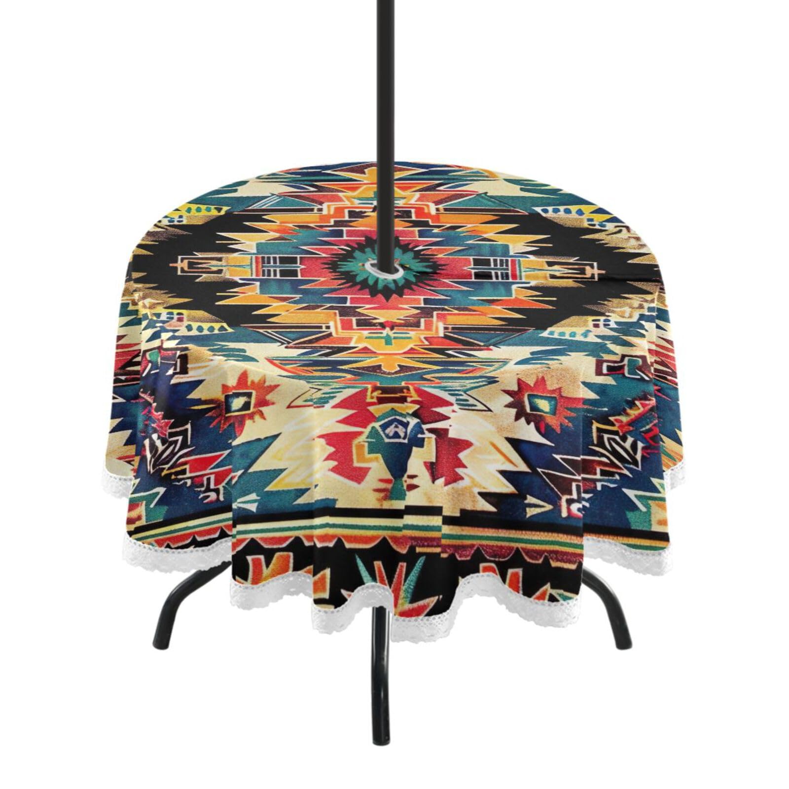 Wajiw 60 Inch Indoor Outdoor Round Tablecloth with Umbrella Hole and Zipper Waterproof Patio Table Cover for Camping Dining Room Party Outdoor Picnic,Tribal Pattern