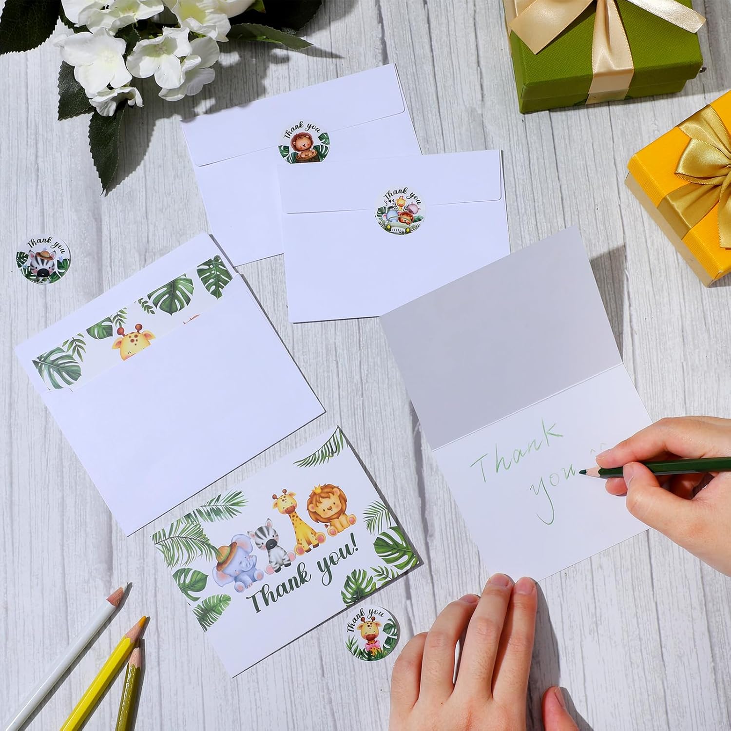 Yeaqee 100 Pcs Safari Jungle Thank You Cards with Envelopes Stickers Forest Animals Greenery Greeting Note Cards Woodland Zoo Gratitude Card for Baby Shower Kids Birthday Party Supplies