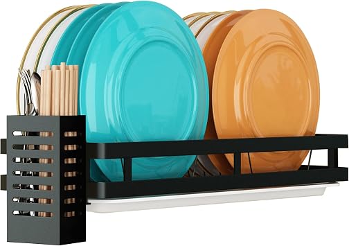 Wall Mounted Stainless Steel Dish Drying Rack Fruit Vegetable Storage Basket with Drainboard and Hanging Chopsticks Cage Kitchen Shelf Utensils Organizer 1 Tier