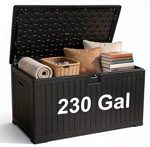 230 Gallon Outdoor Storage Box, Waterproof Extra Large Resin Deck Box with Lockable Lid for Patio, Pool Equipment, and Cushions, Black