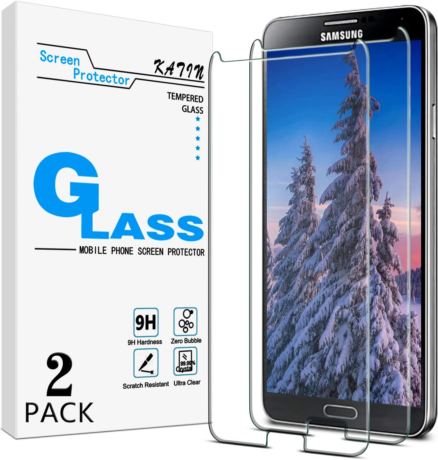 KATIN Galaxy Note 3 Screen Protector - [2-Pack] For Samsung Galaxy Note 3 Tempered Glass Bubble free, 9H Hardness with Lifetime Replacement Warranty
