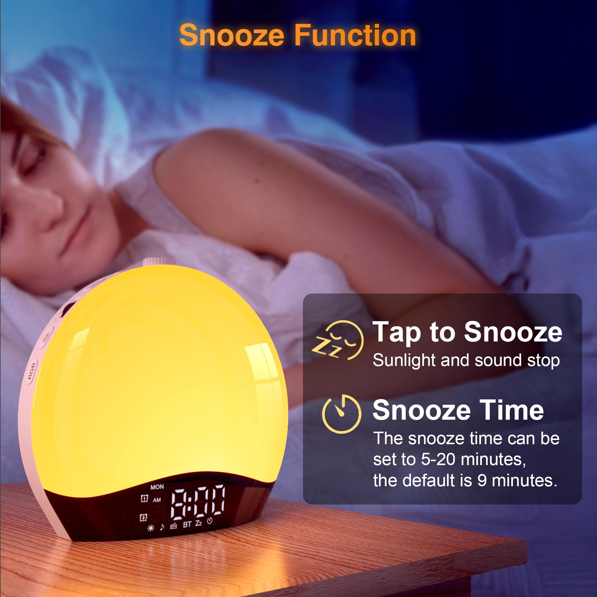 Réveil Simulateur d'Aube avec Enceinte Bluetooth, Lampe de Chevet LED Multicolore, Radio, 22 Sons Nature, 2 Alarmes, 20 Niveaux de Luminosité, Snooze, Minuterie - Adaptateur Inclus (Jaune)