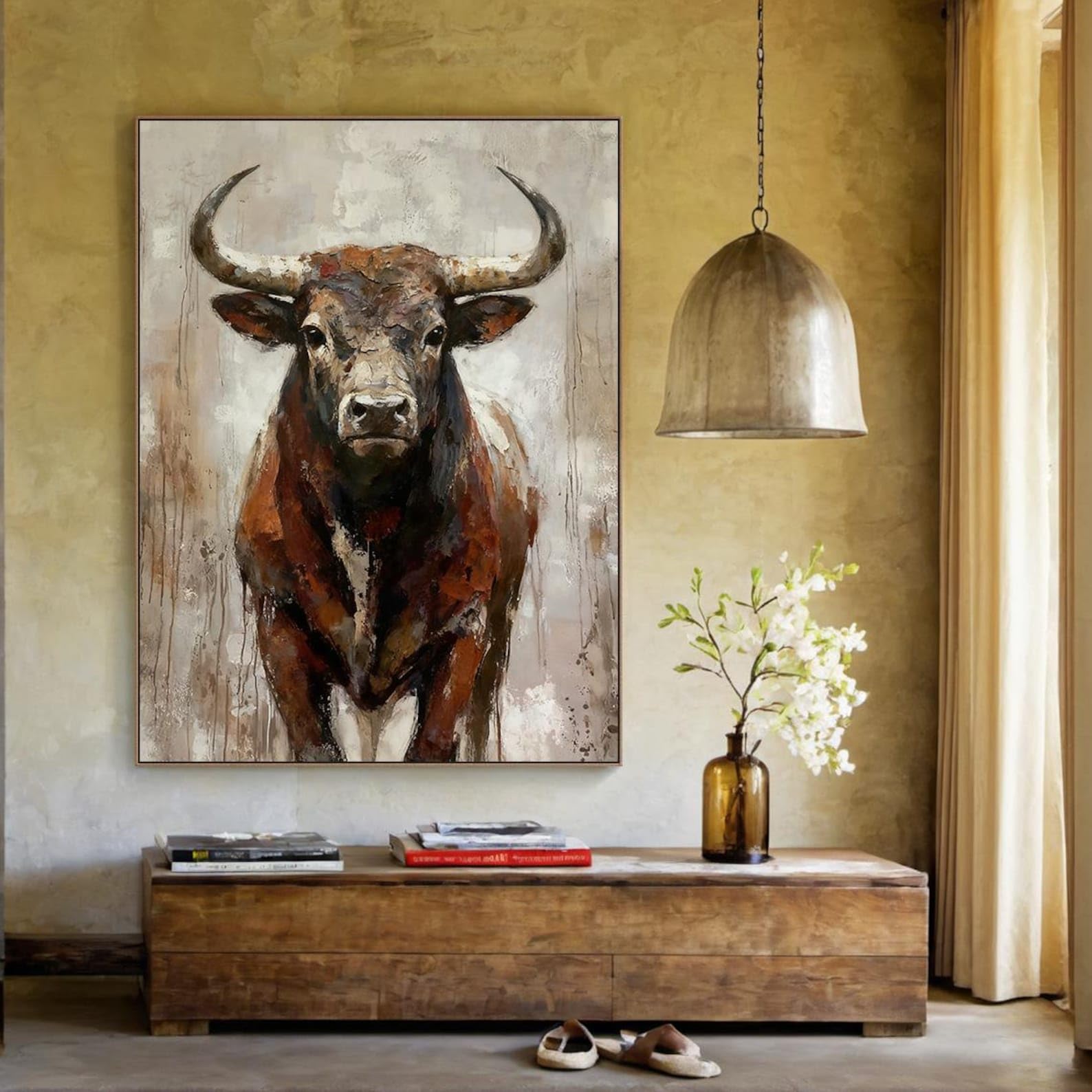 CAOXTART Cuadro de toro grande | Arte rústico de pared con animales | Pósteres y láminas texturizadas hechas a mano para decoración moderna de sala de estar (70 x 100 cm/marco interior)