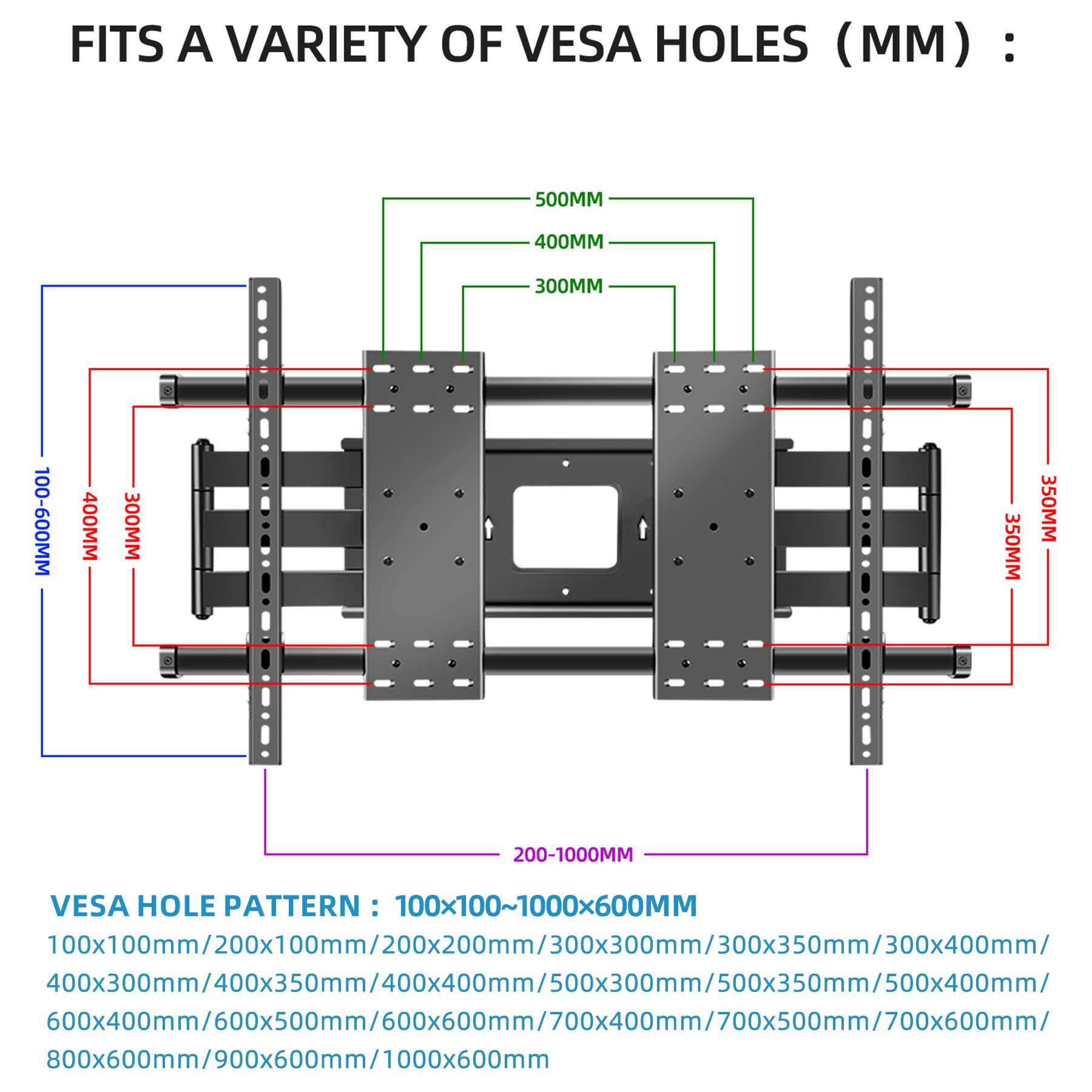 Supporto TV da Parete Universale Girevole/Estendibile per 75-120 Pollici, Carico 130kg con VESA 1000x600mm, Montaggio Pesante DY1000