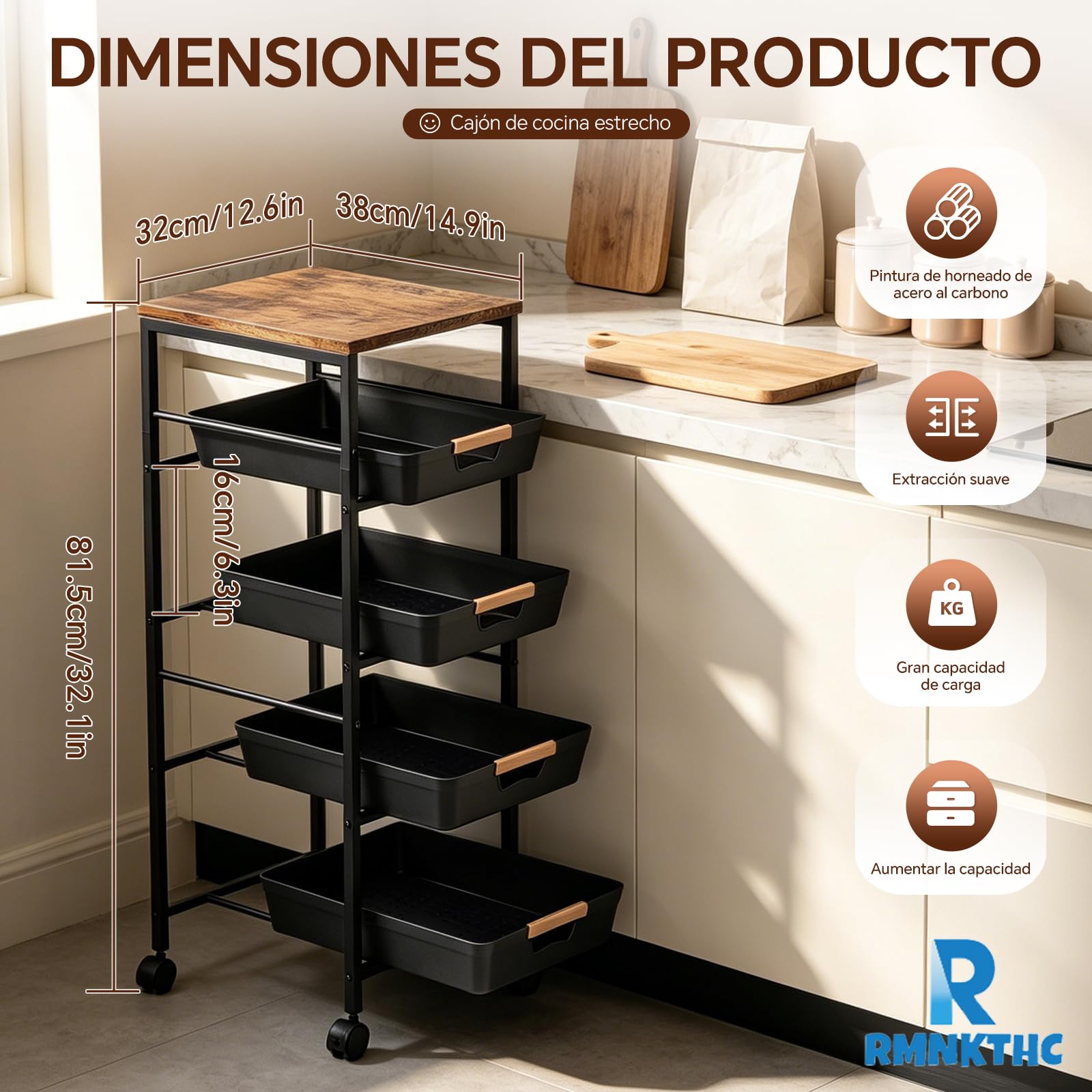 Carro de cocina con 5 estantes y 4 cajones, ruedas de 360° con 2 frenos, con placa de madera y cestas ventiladas, para almacenar frutas, verduras, microondas en la cocina y el salón (32 x
