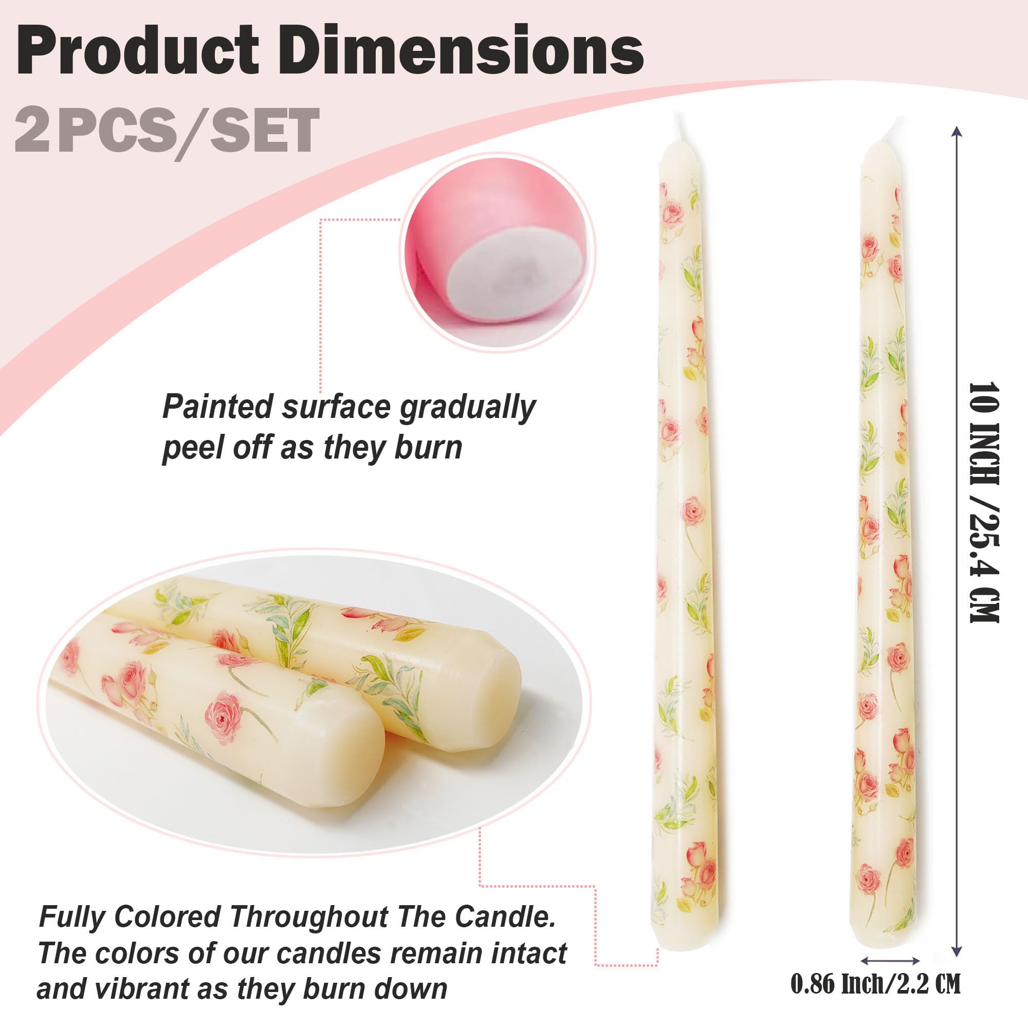 FYBW 2 Pack Ivory Taper Candles, Flowers Print Taper Candles 10 Inch Unscented, Smokeless, Dripless, Ideal for Weddings, Mother's Day