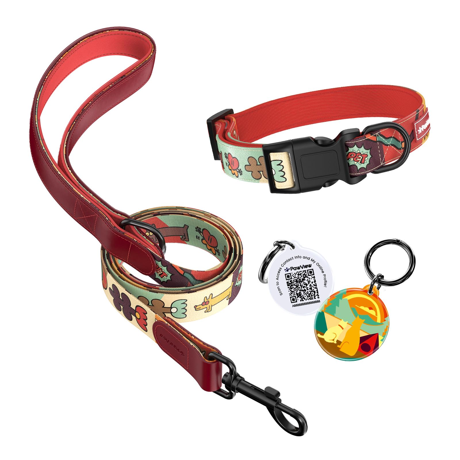 Étiquette Smart QR sur ensemble collier réglable et laisse pour chien