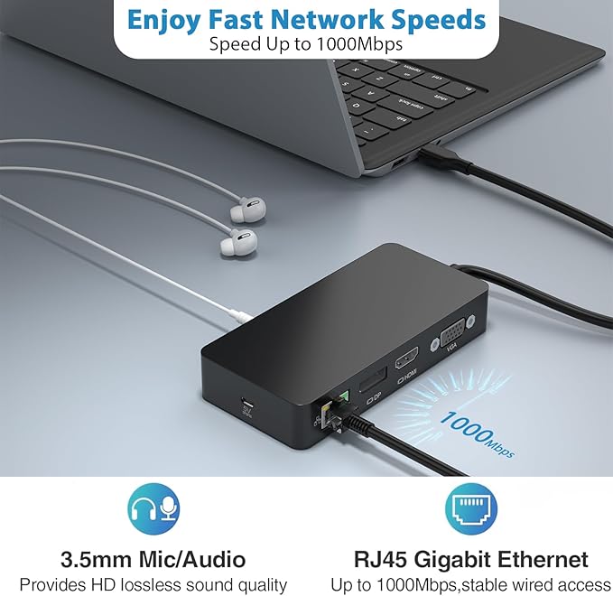 Dock USB C Rocketek Triple Display 12 en 1 con Ethernet, 4K HDMI/VGA/DP, 100W PD miniatura 4