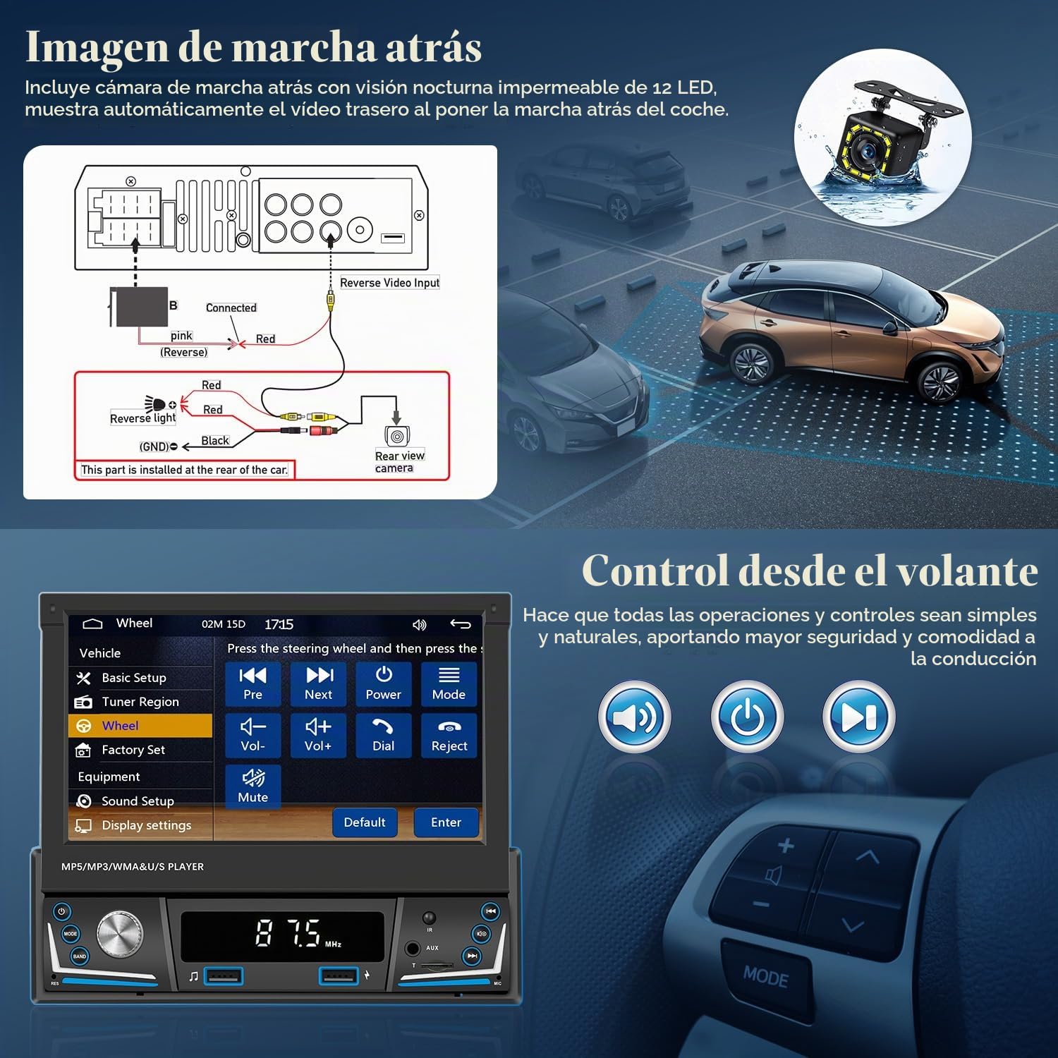 Hikity 7" 1 DIN CarPlay Radio Coche con Bluetooth FM Cámara Trasera | Pantalla Táctil Android Auto Wireless CarPlay EQ Control del Volante Manos Libres USB AUX Tarjeta TF