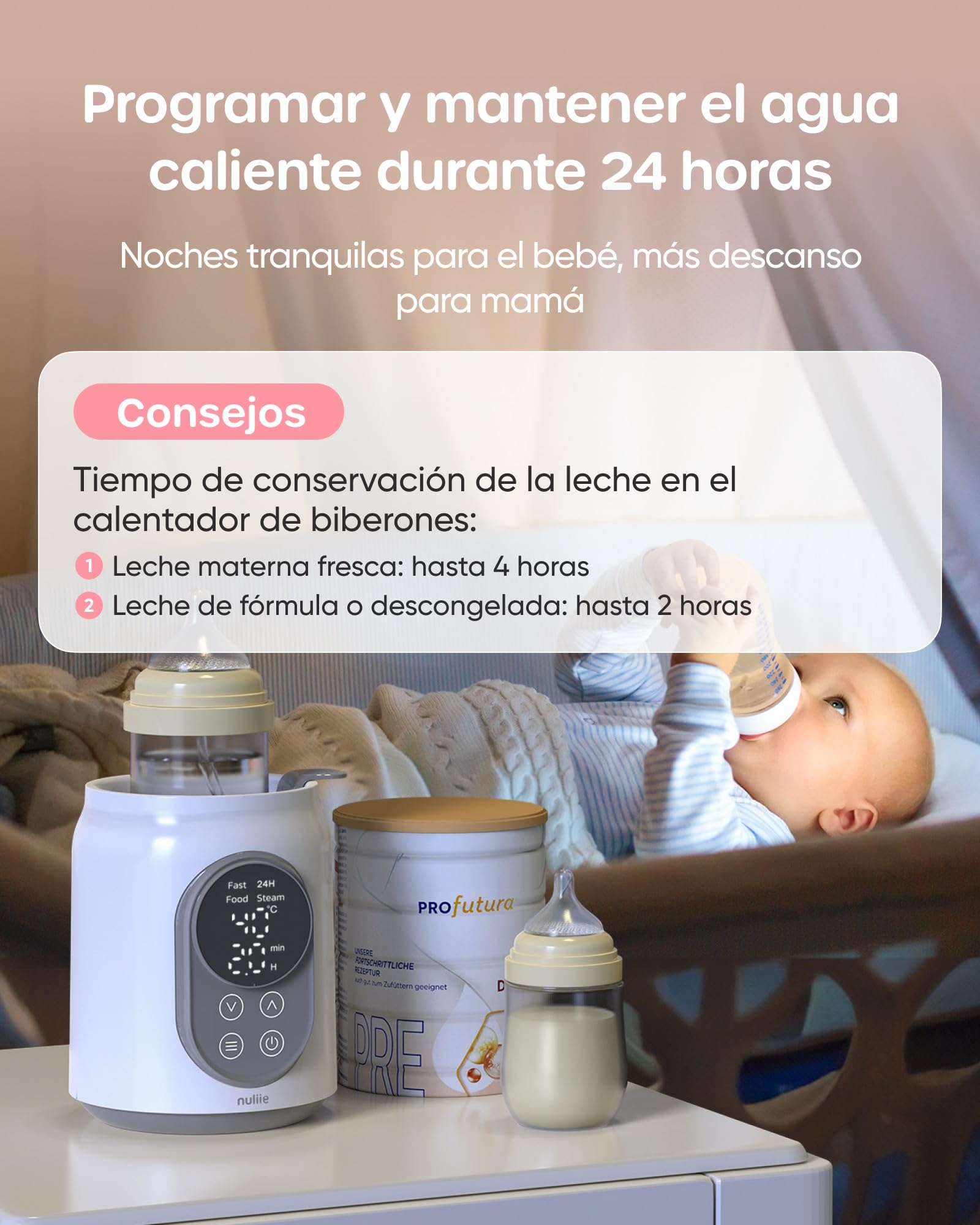 Calienta Biberones, Nuliie Calienta Biberones Eléctrico 10 en 1 para Leche Materna o Fórmula con Temporizador Digital Pantalla LCD Control de Temperatura Inteligente y Apagado Automático, 220V