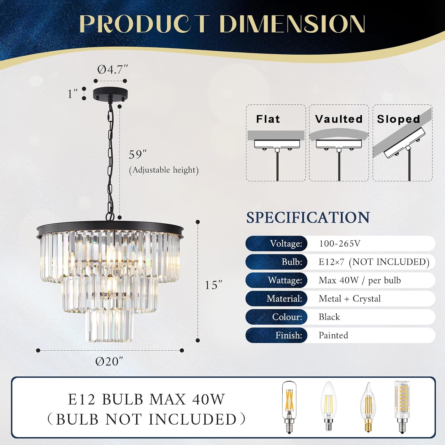 Black Crystal Chandeliers 7 Lights 20" Luxury Round Chandelier thumbnail