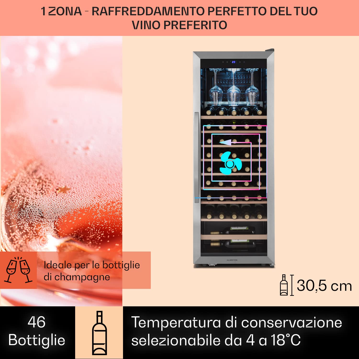 KLARSTEIN Cantinetta Vino, Cantinetta Vino Refrigerata a Zona Singola per Interno/Esterni, Frigo Bar, Cantina Vino con Vetrina, Mini Bar con Protezione UV, Frigo Vino Touch, 4-18°C, 46 Bottiglie
