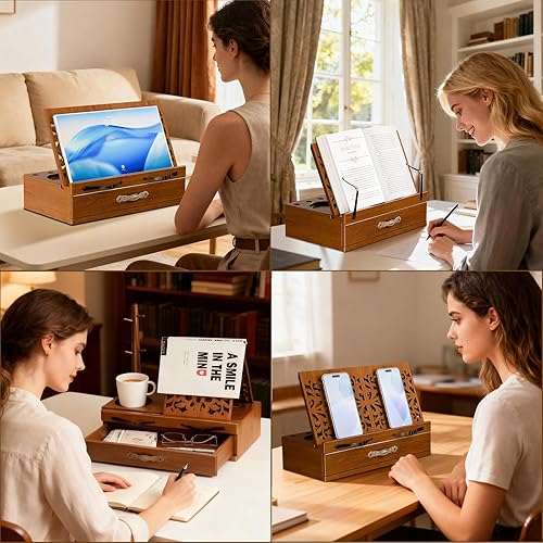 Miniatura 8 de Soporte de madera ajustable para libros con almacenamiento, soporte multifuncional para libros, tabletas y recetas con ranura para tazas, ranura