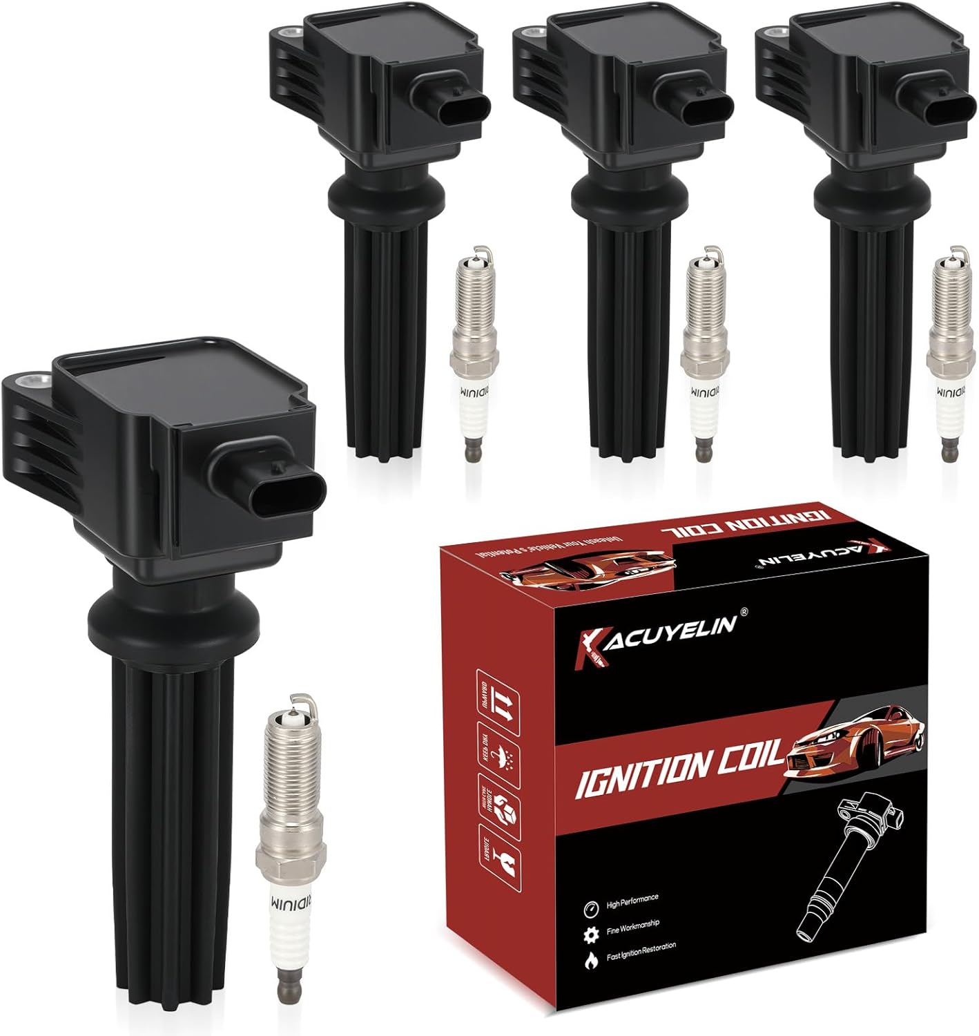 UF670 Ignition Coil Pack and Double Iridium Spark Plugs Set of 4 Compatible with Ford Focus Explorer Edge Fusion Mustang MKC LR2 XF MKT Taurus 2012-2021 Replaces# UF729 UF678 90495