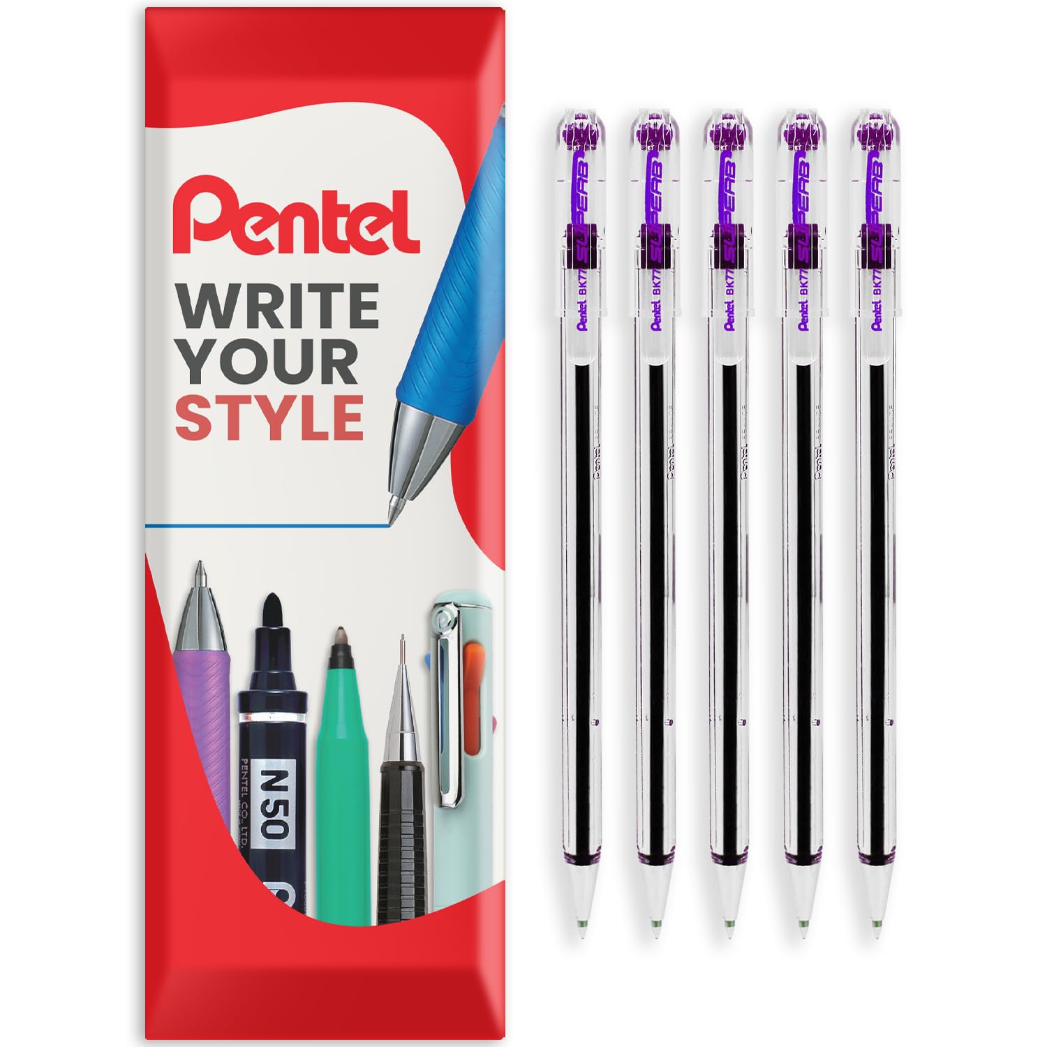 Pentel Superb Stick Ballpoint Pen 0.7mm Fine Tip, 5 Envelope Pack, Violet