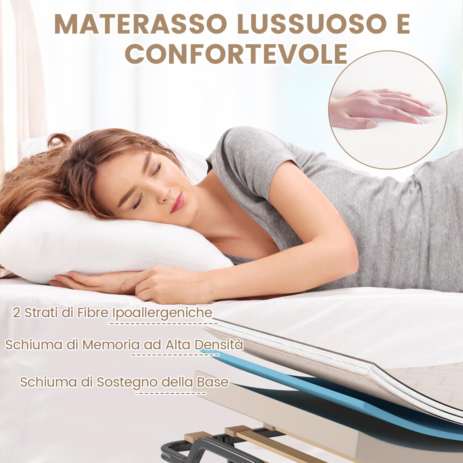 COSTWAY Brandina Pieghevole con Materasso, Struttura Metallica, Materasso in Memory Foam, Trapuntatura a Onda con Imbottitura a Doppia Fibra, 200x90x41 cm, Made in Italy (Stile 2 Beige)