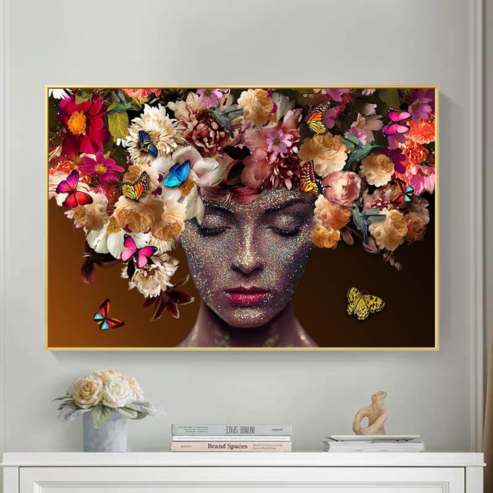 Yooyu Immagini a parete Donna astratta che indossa fiori Farfalla Arte della parete Poster e Stampe Dipinti su tela per la decorazione del soggiorno 40x70 cm (16x28) con cornice